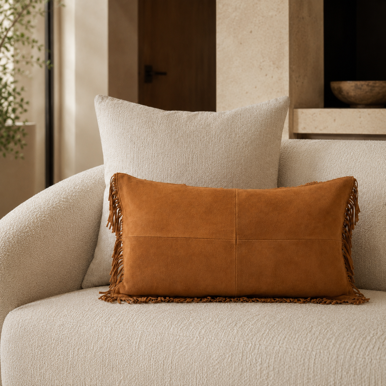 Fringe Suede Lumbar Pillow – Cognac