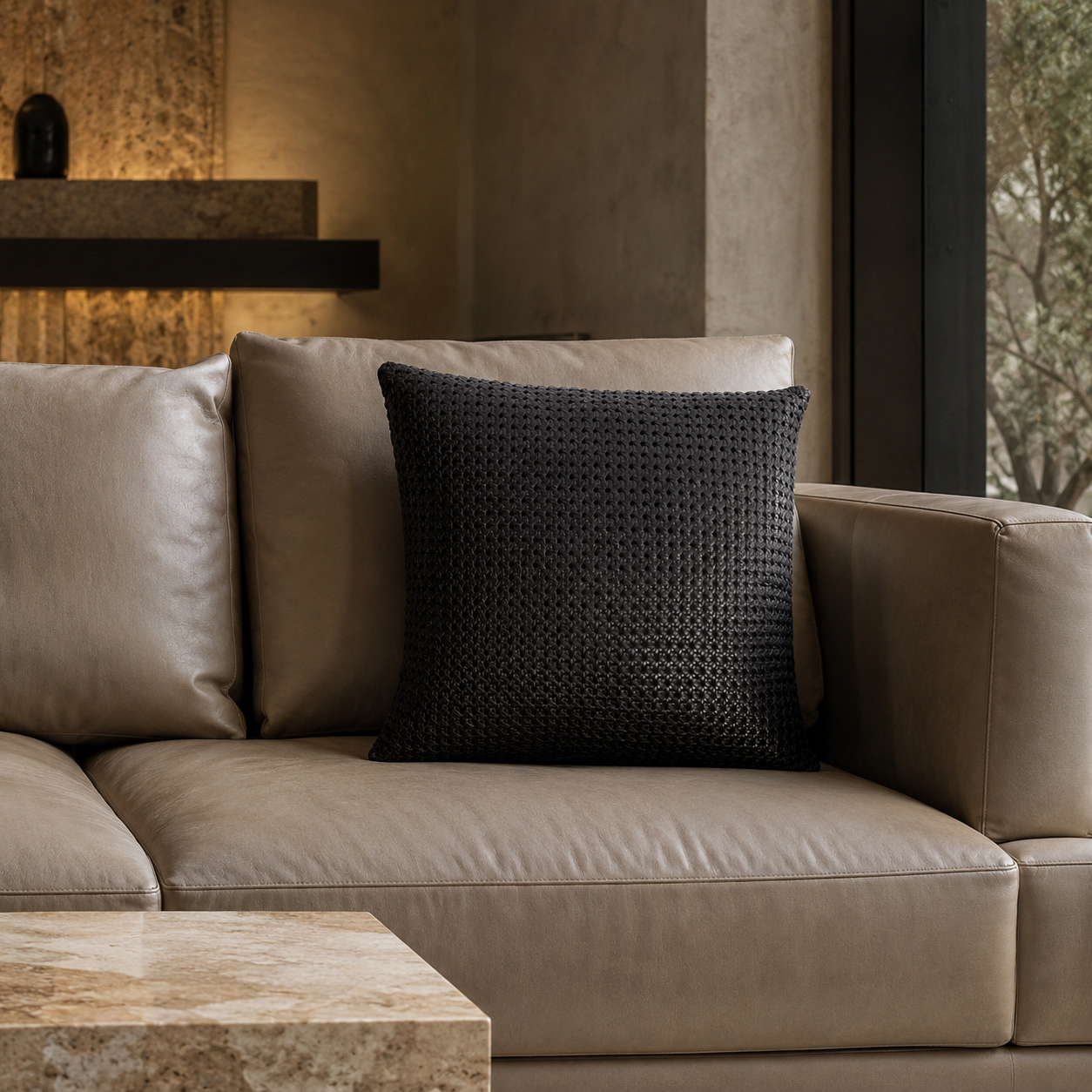 Rattan Leather Pillow 24” – Black