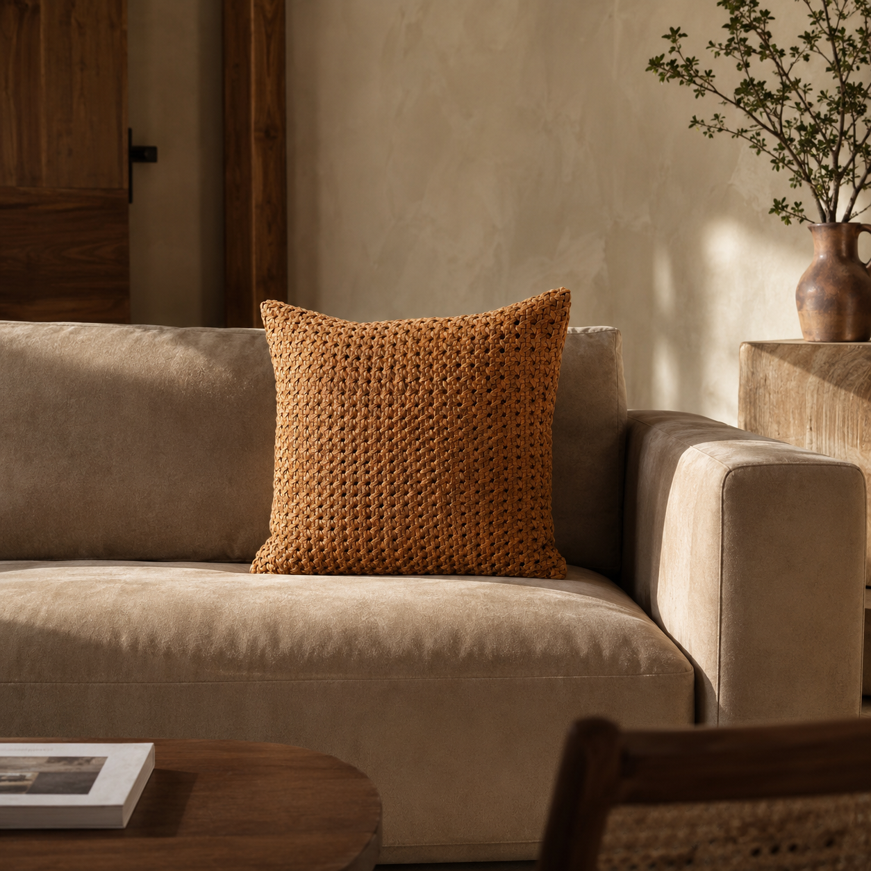 Rattan Suede Pillow – Camel