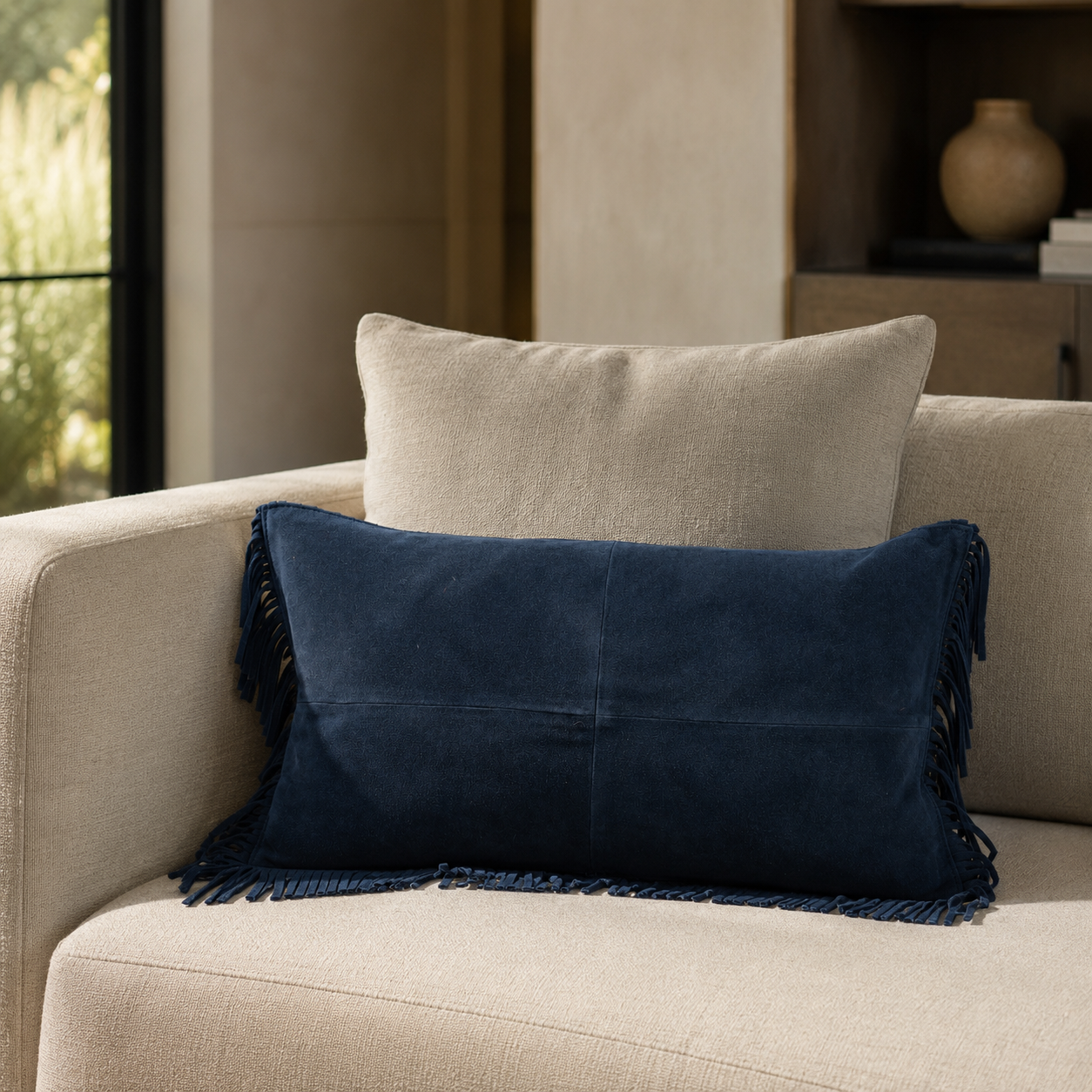 Fringe Suede Lumbar Pillow – Navy