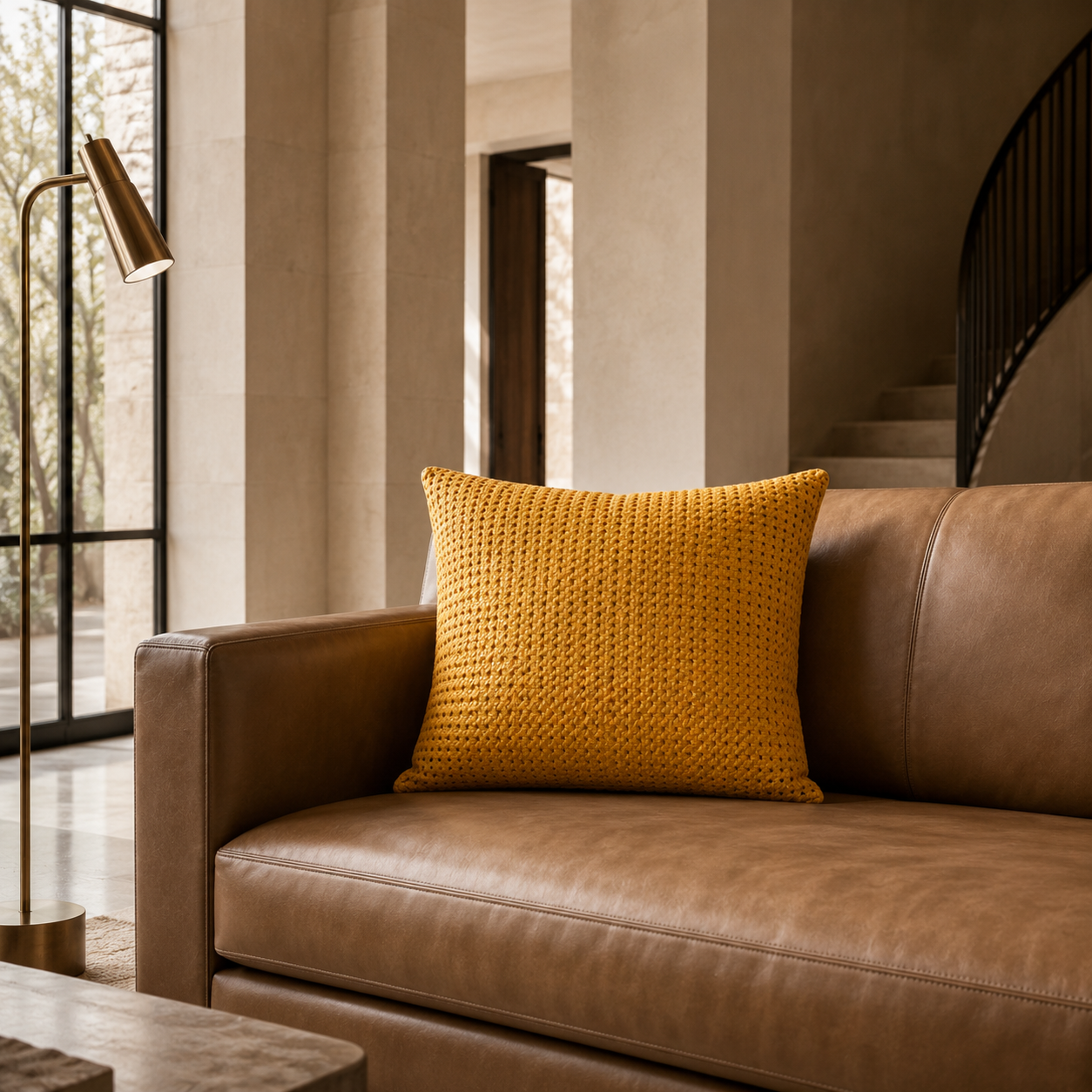 Rattan Leather Pillow 24” – Mustard