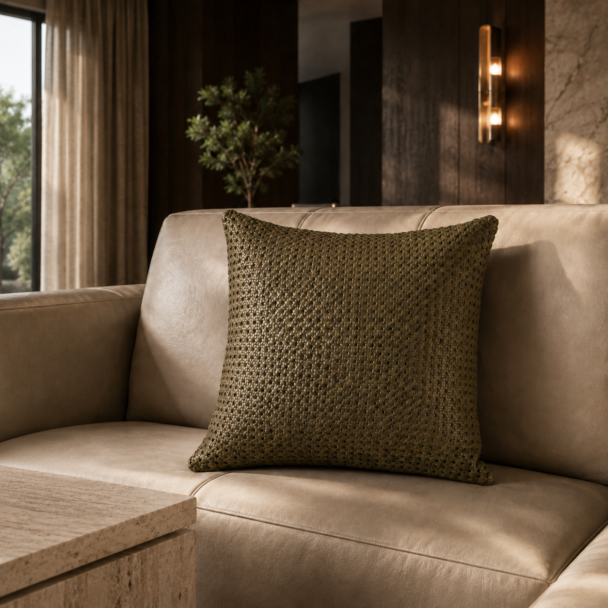 Rattan Leather Pillow 24” – Forest