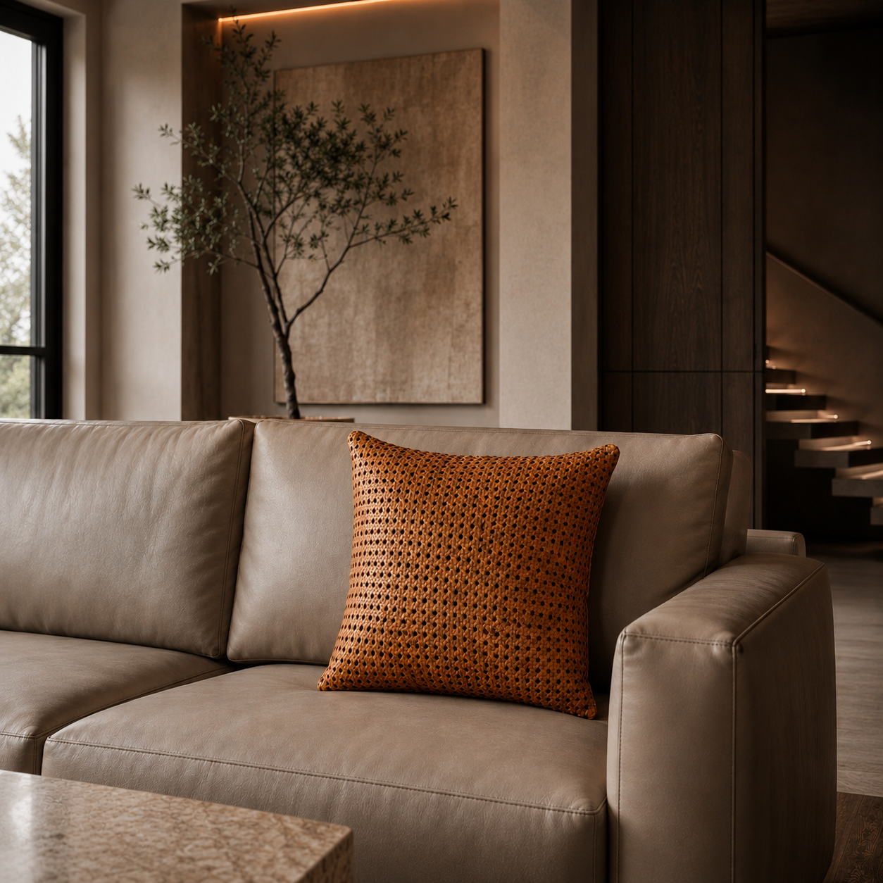 Rattan Leather Pillow 24” – Cognac