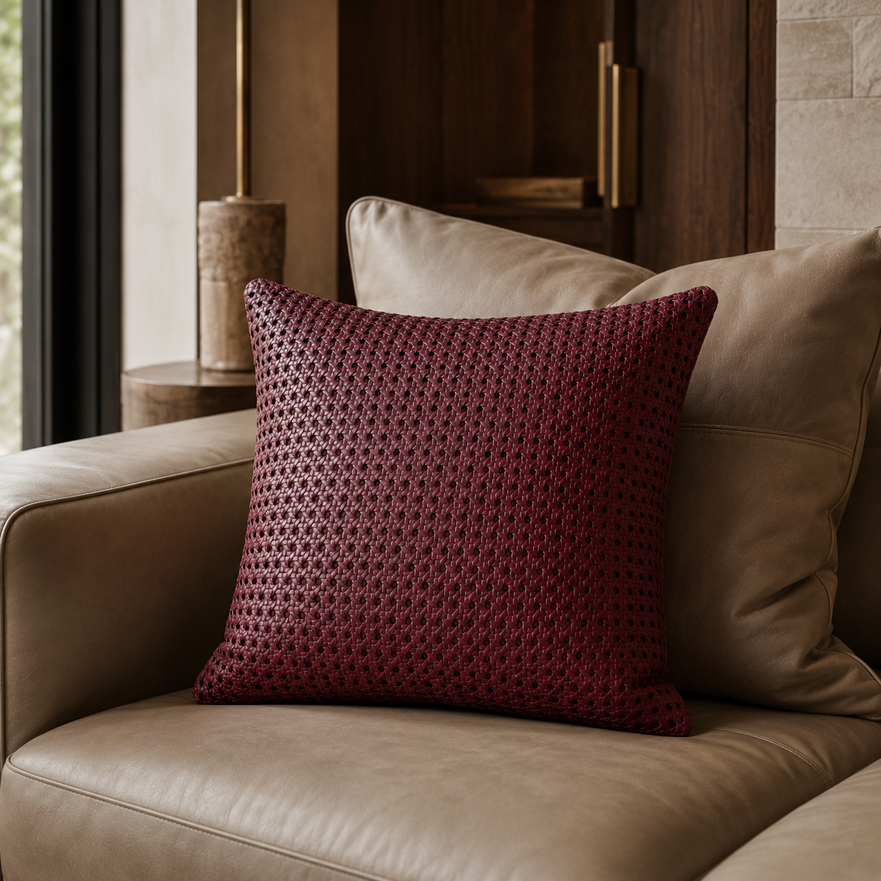 Rattan Leather Pillow 24” – Burgundy