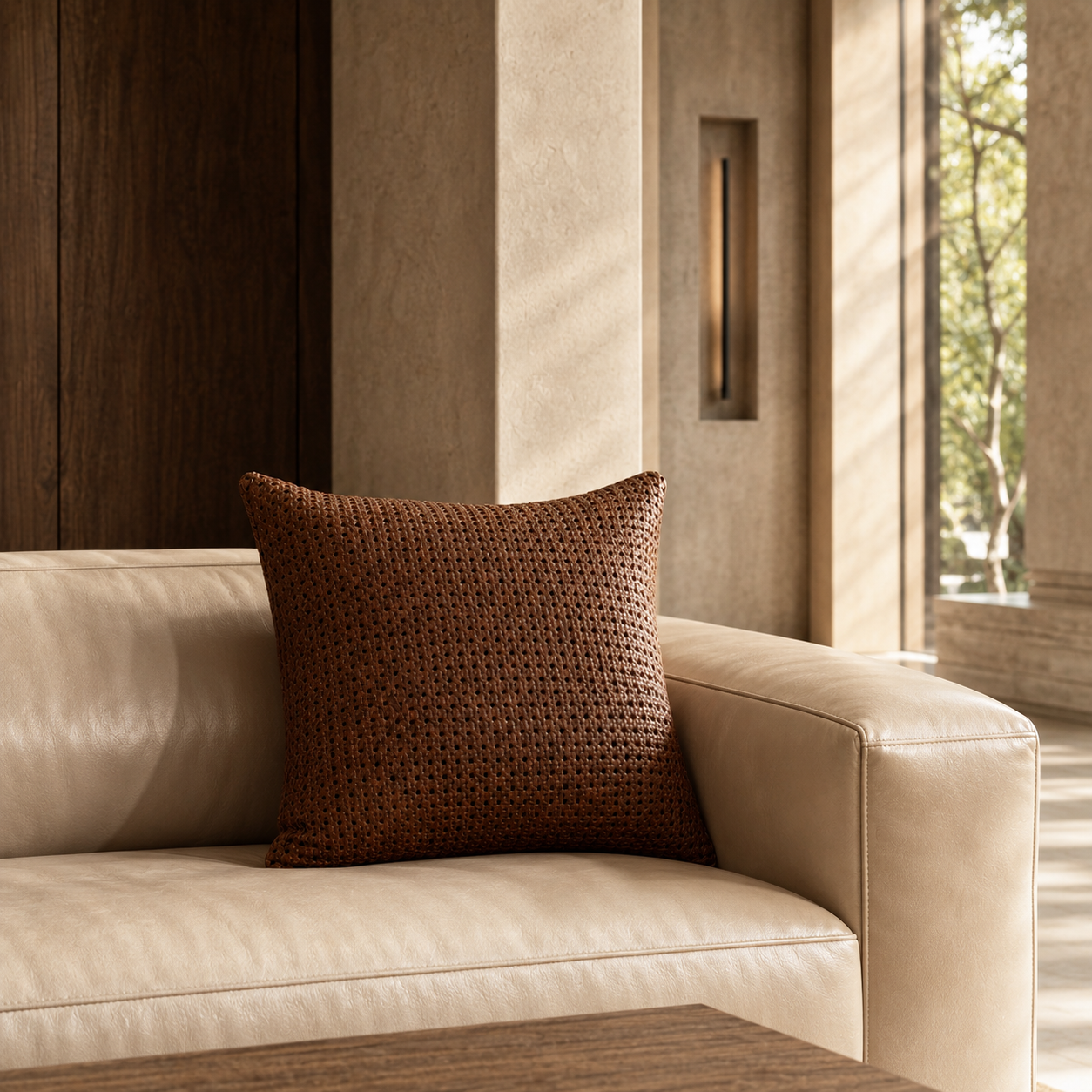 Rattan Leather Pillow 24” – Brown