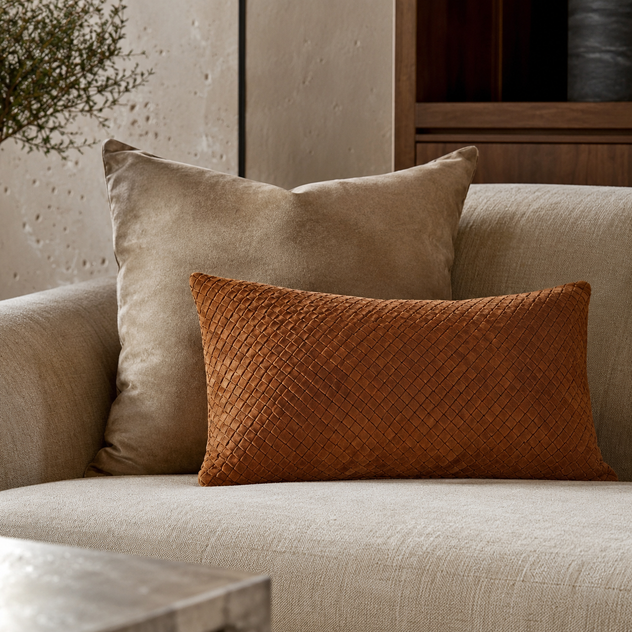 Waffle Suede Lumbar Pillow – Cognac