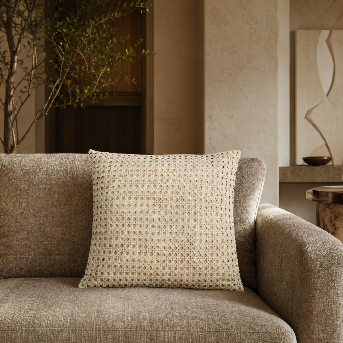 Rattan Suede Pillow – Bone