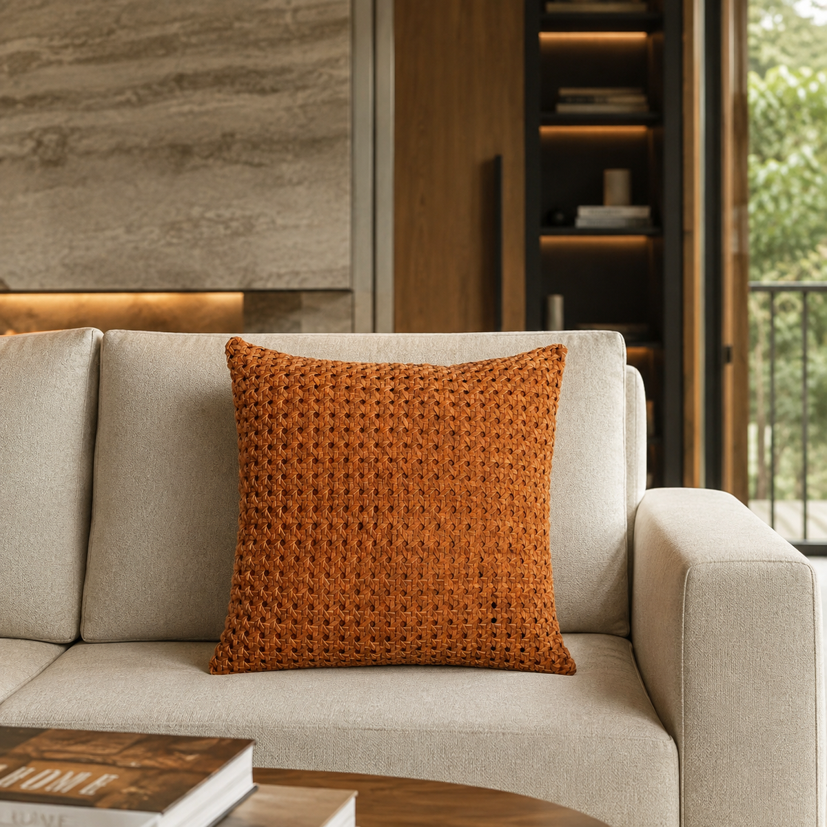 Rattan Suede Pillow – Cognac