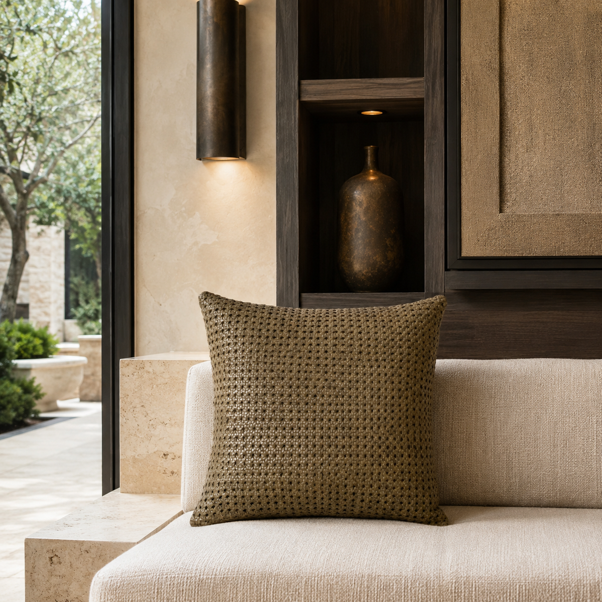 Rattan Leather Pillow 24” – Olive