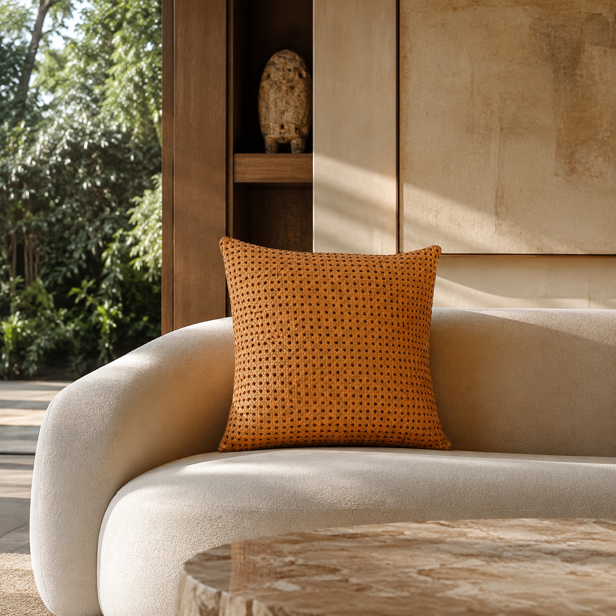Rattan Leather Pillow 24” – Cognac