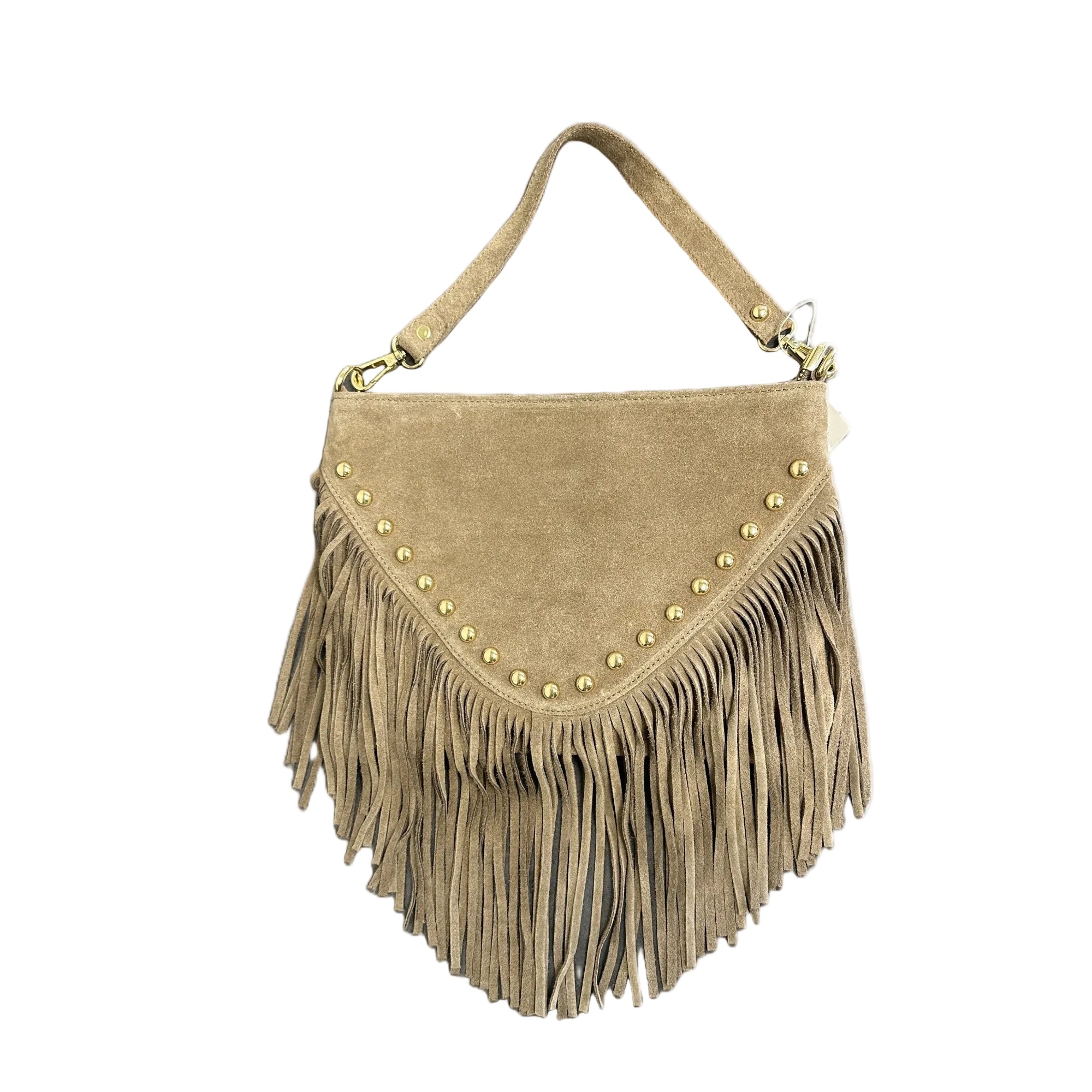 Arm Tote Fringe Suede Buttons Taupe luxury suede fringe tote