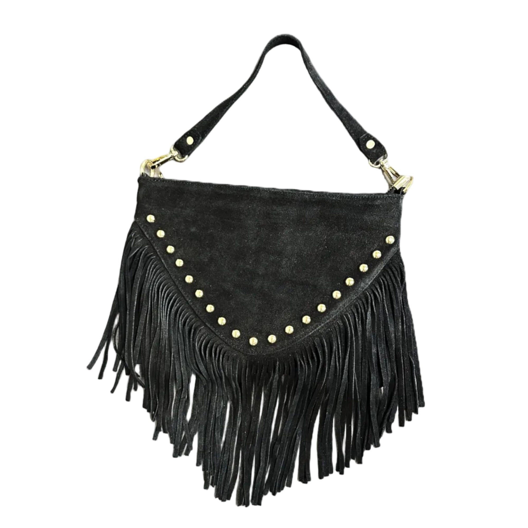 Arm Tote Fringe Suede Buttons Black luxury suede fringe tote