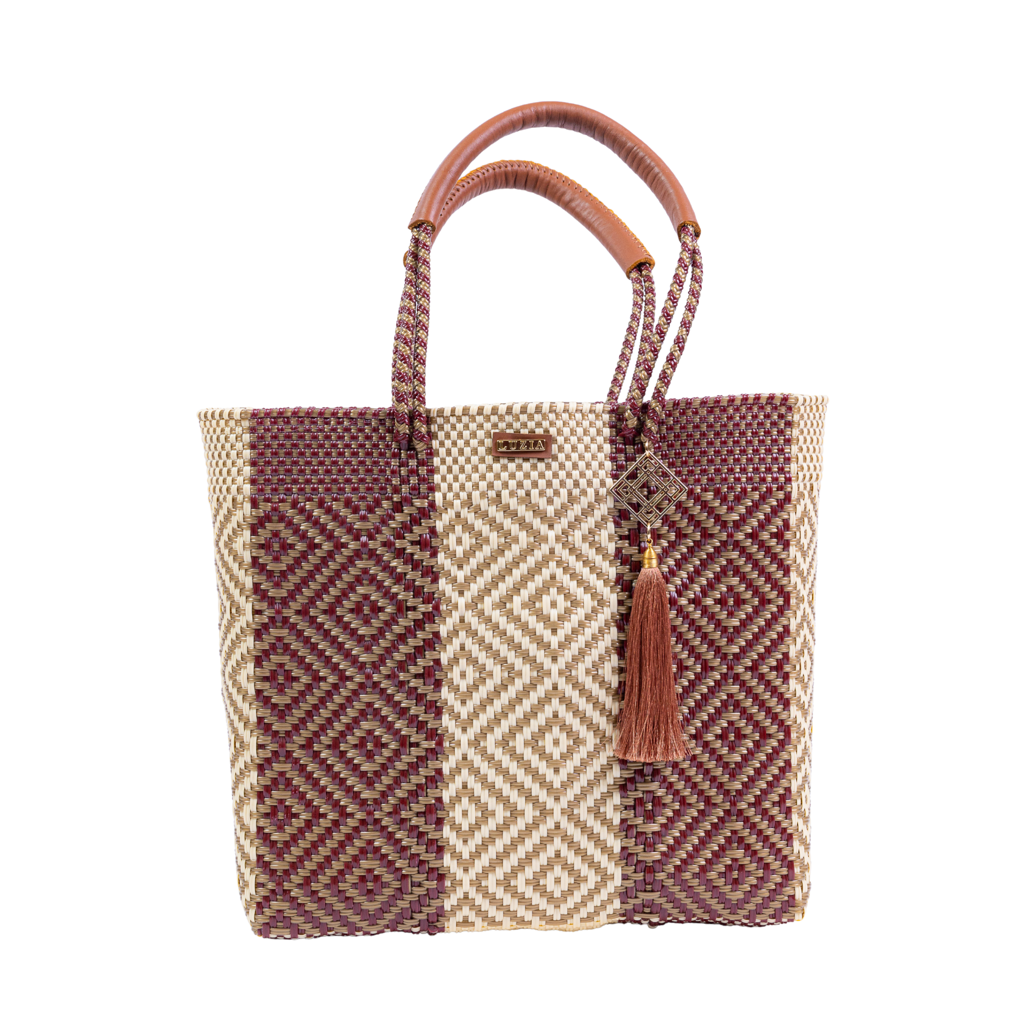 Shoulder Tote Stripe Multi-Diamond Burgundy Beige Gold