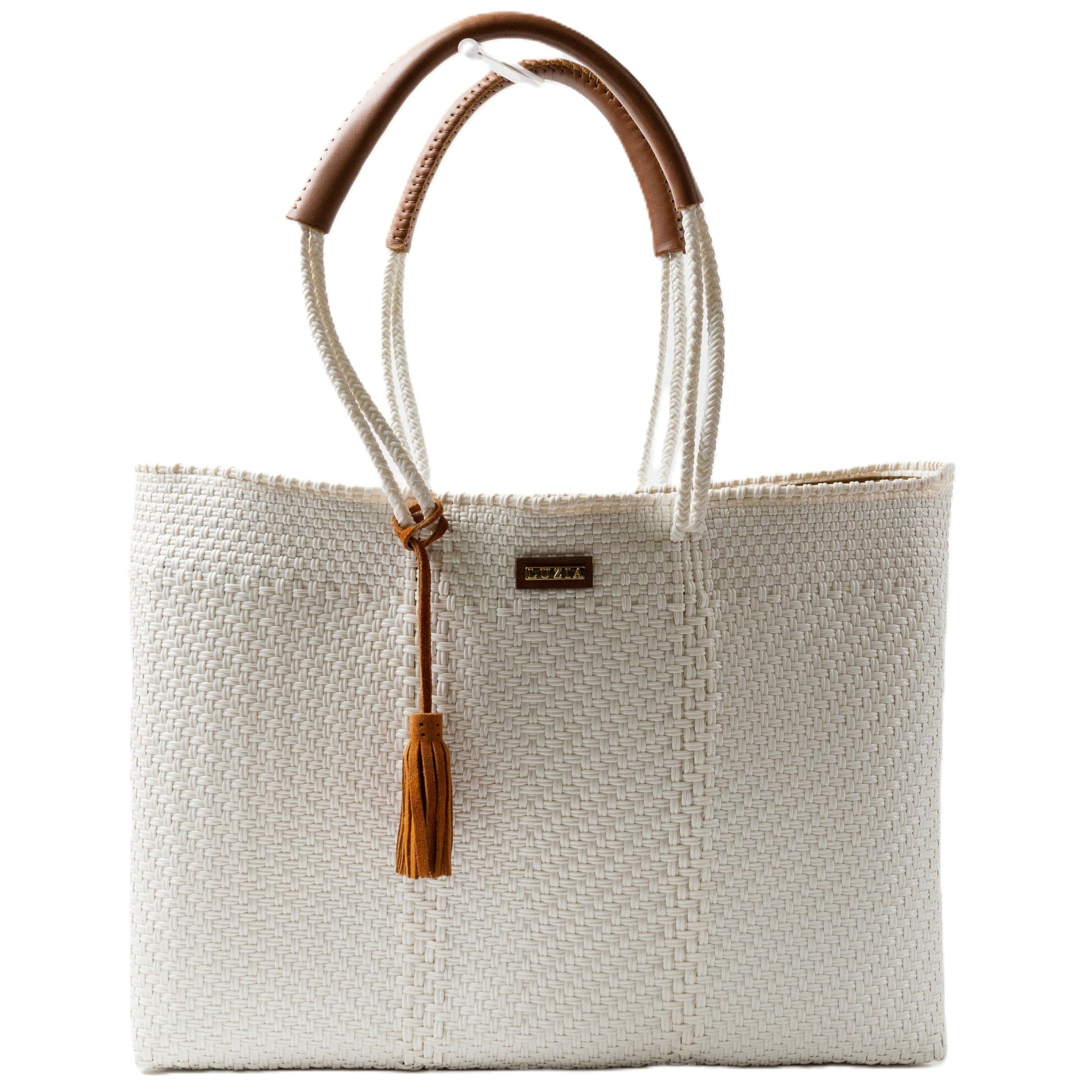 Shoulder Tote Jumbo Solid Multi-Diamond White luxury woven tote with leather handles and tassel