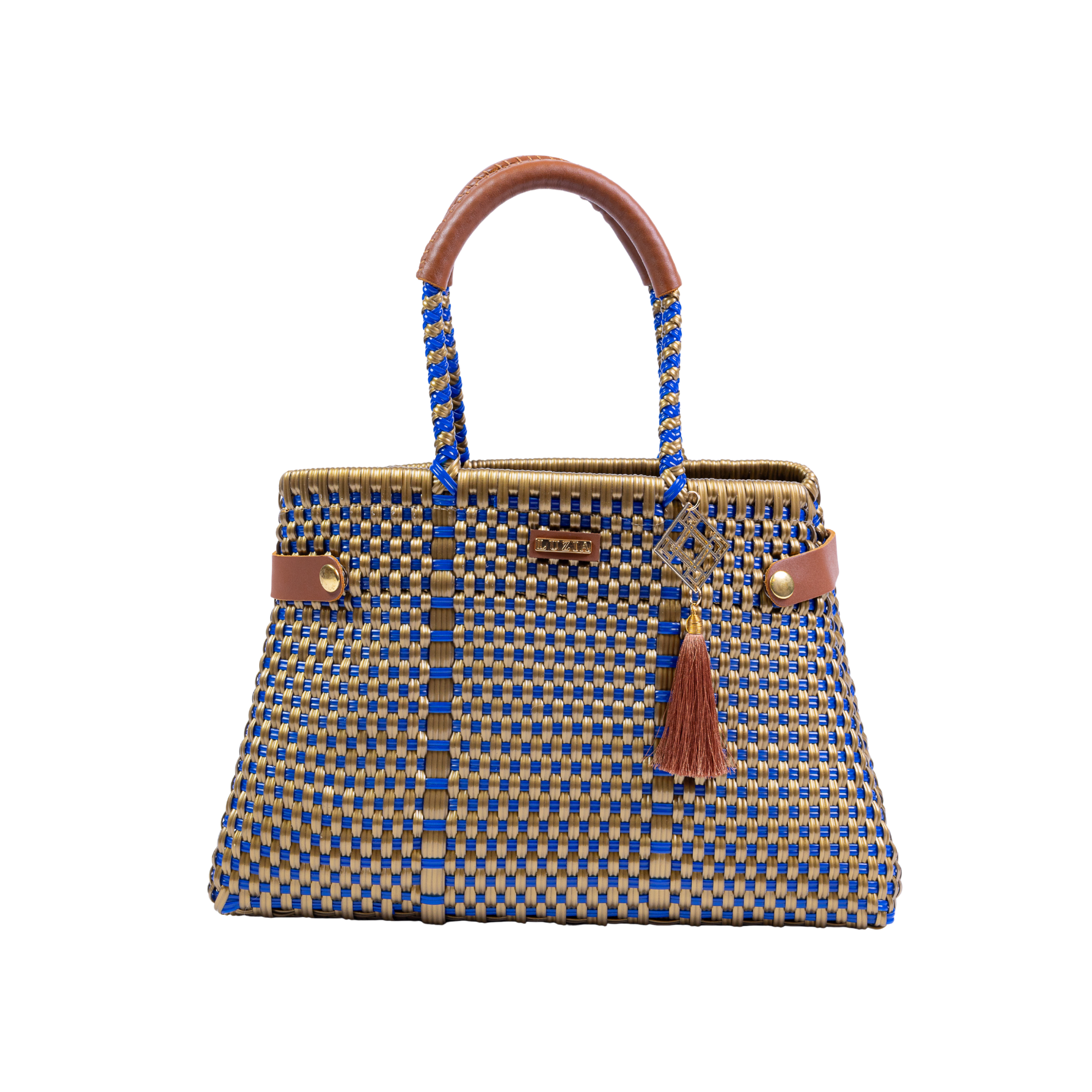 Shopping Tote Checkers Gold Navy Blue