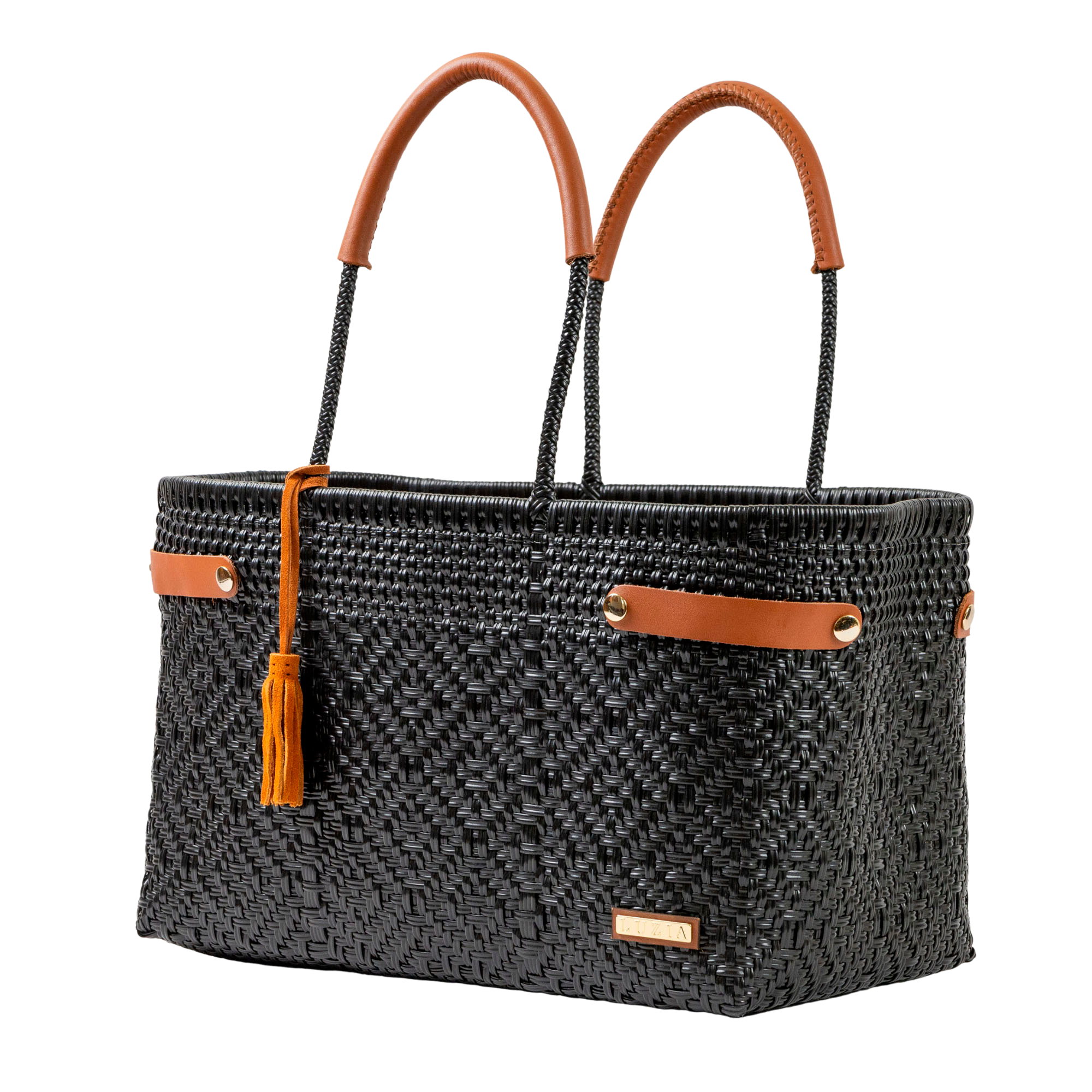 Open Basket Jumbo Braided Solid Black (Leather Cognac)