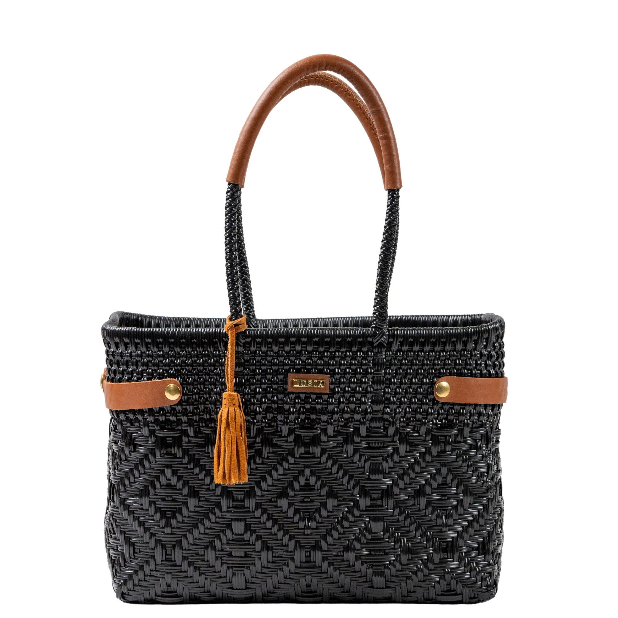 Open Basket Medium Braided Solid Black (Leather Cognac)