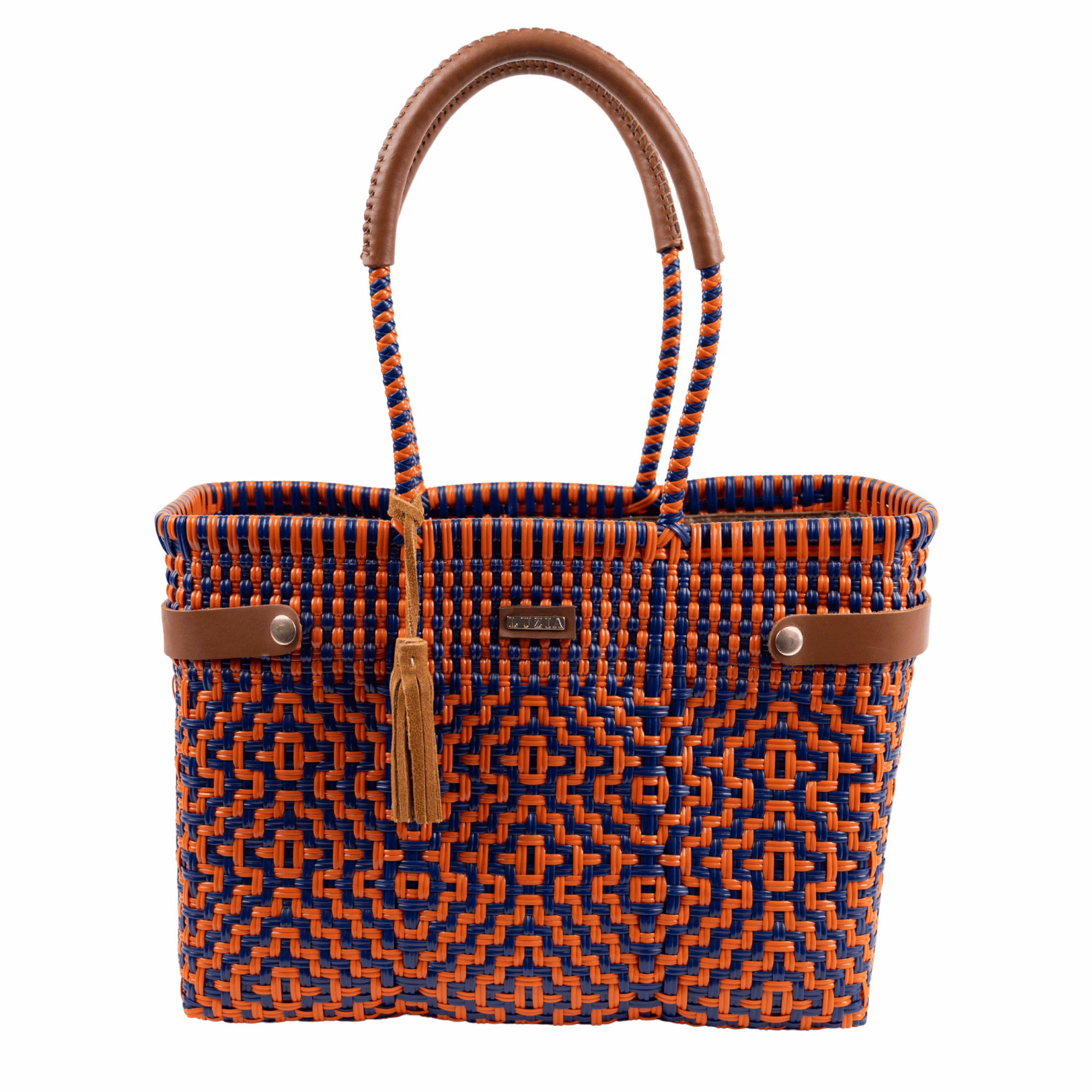 Auburn collegiate handwoven medium basket bag with orange and navy woven design