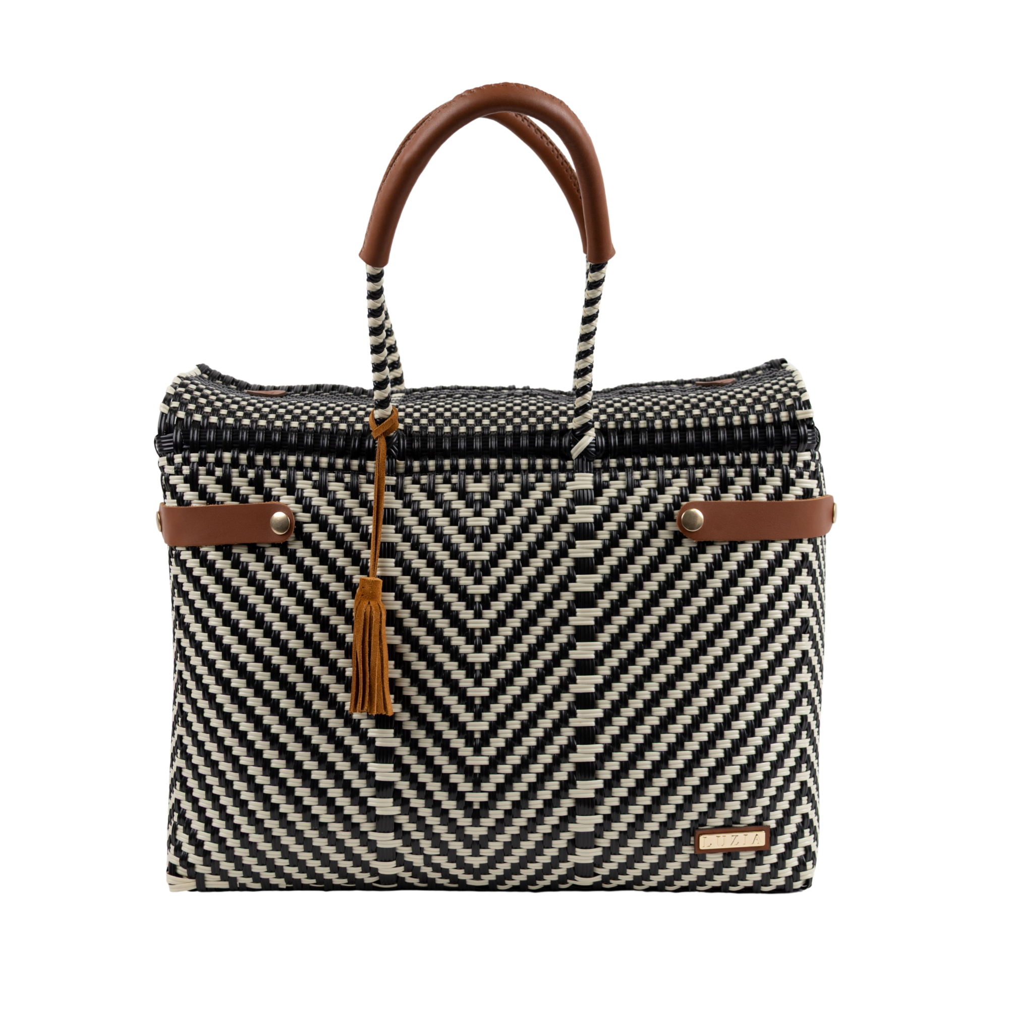 LUZIA Closed Basket Jumbo Arrow Black Beige with cognac leather handles and tassel