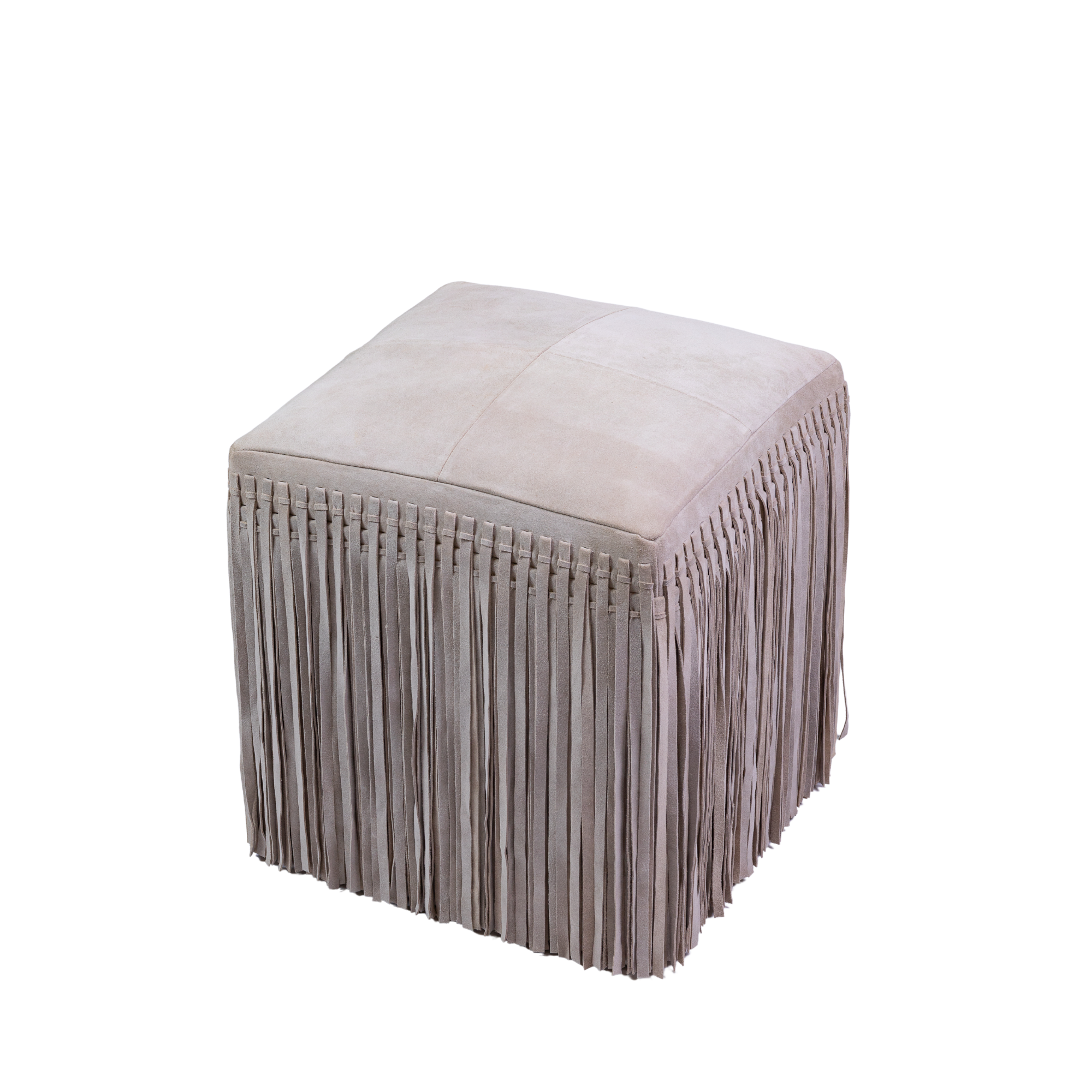 Handcrafted suede leather fringe detail on square ottoman in bone