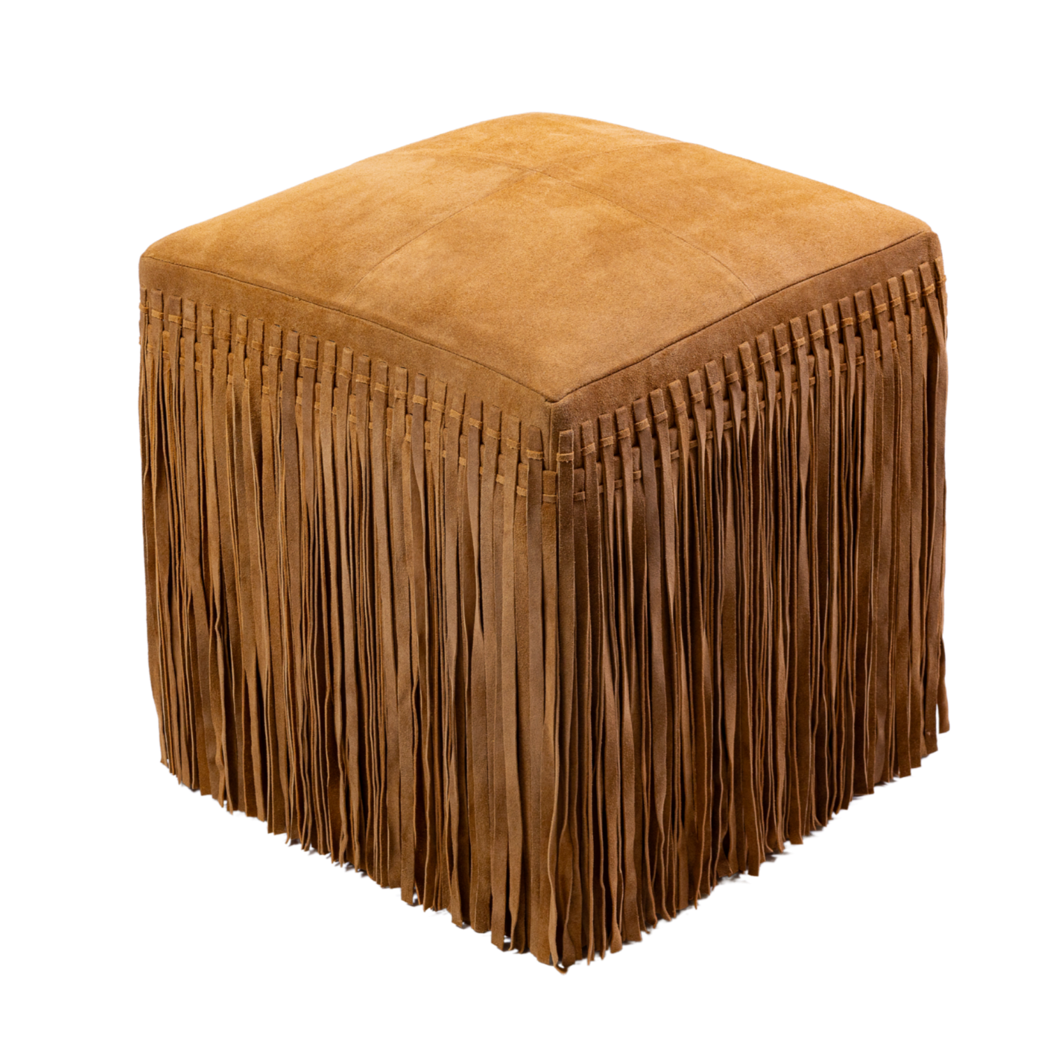 Handcrafted suede leather fringe detail on square ottoman in camel
