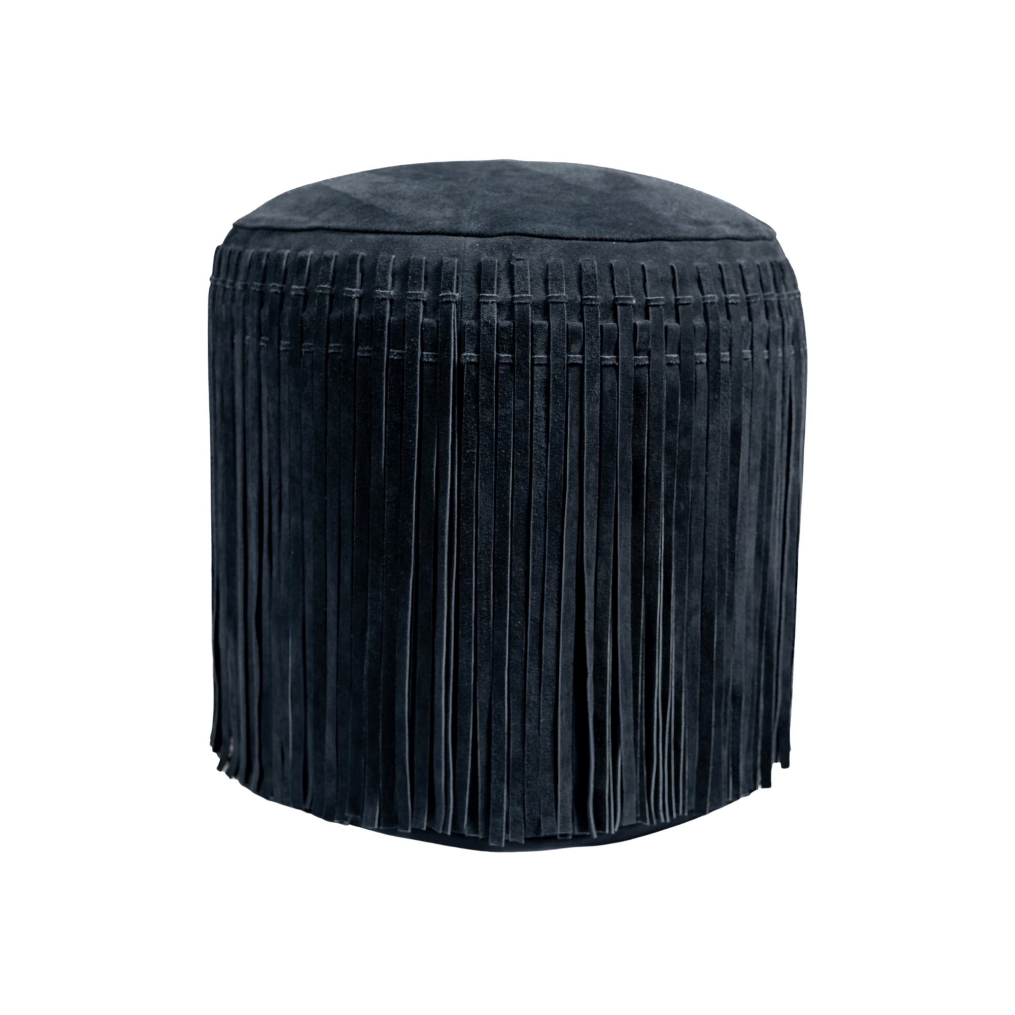 Handcrafted suede leather fringe detail on round pouf in navy
