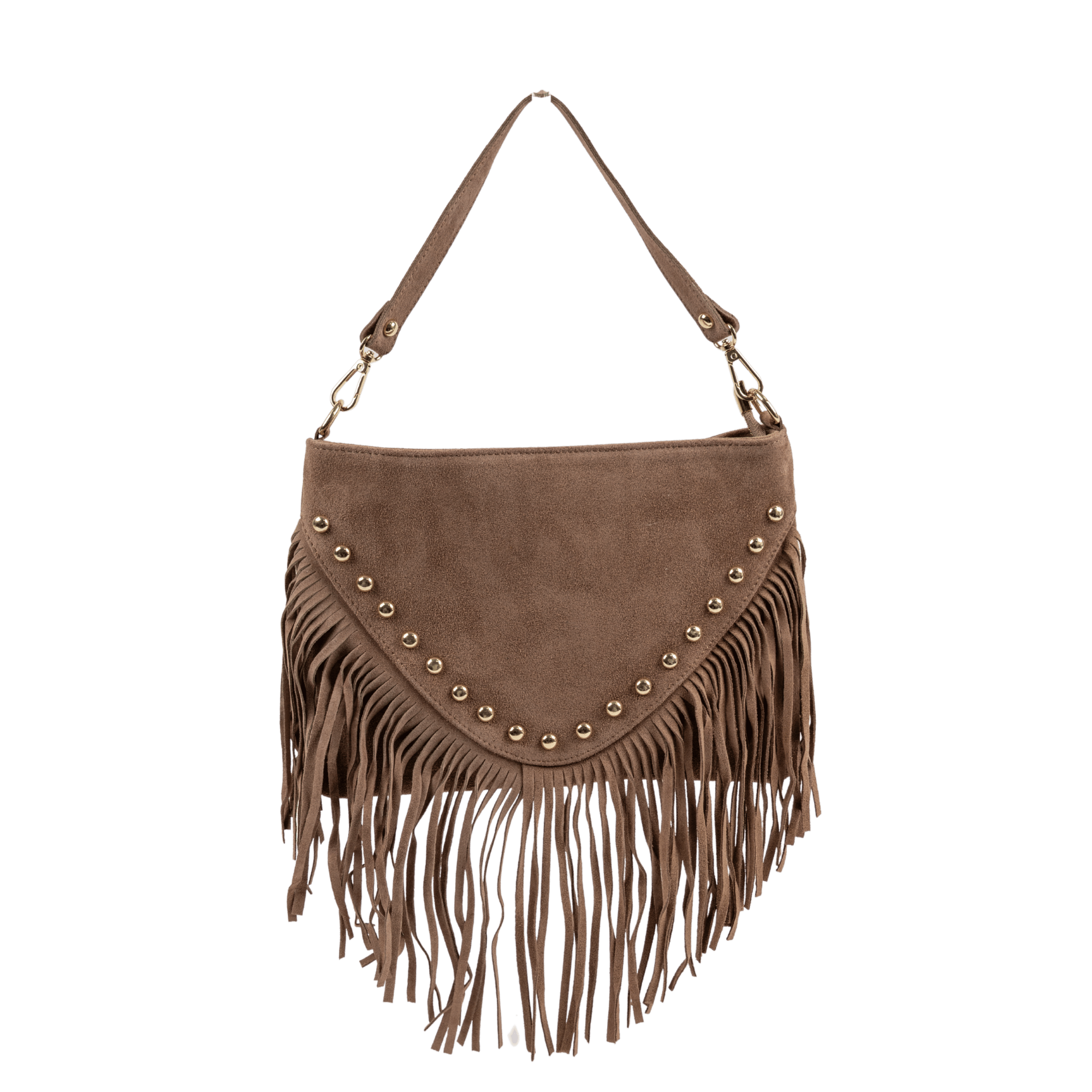 Arm Tote Fringe Suede Buttons Taupe