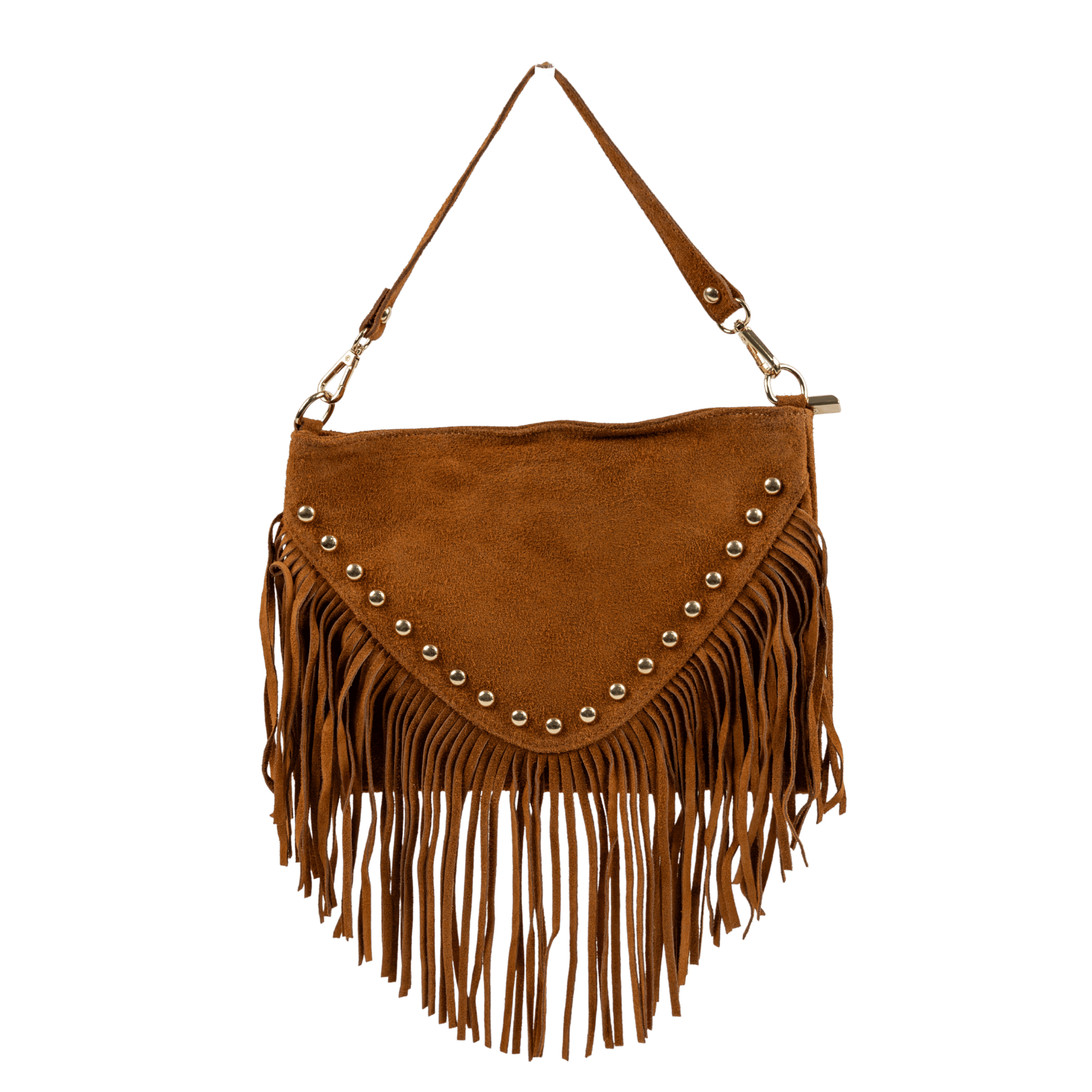 Arm Tote Fringe Suede Buttons Cognac