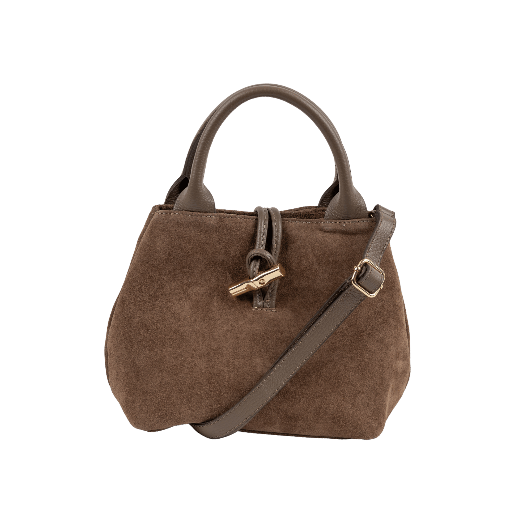 LUZIA Arm Tote Lock Taupe suede handbag with structured shape and lock detail