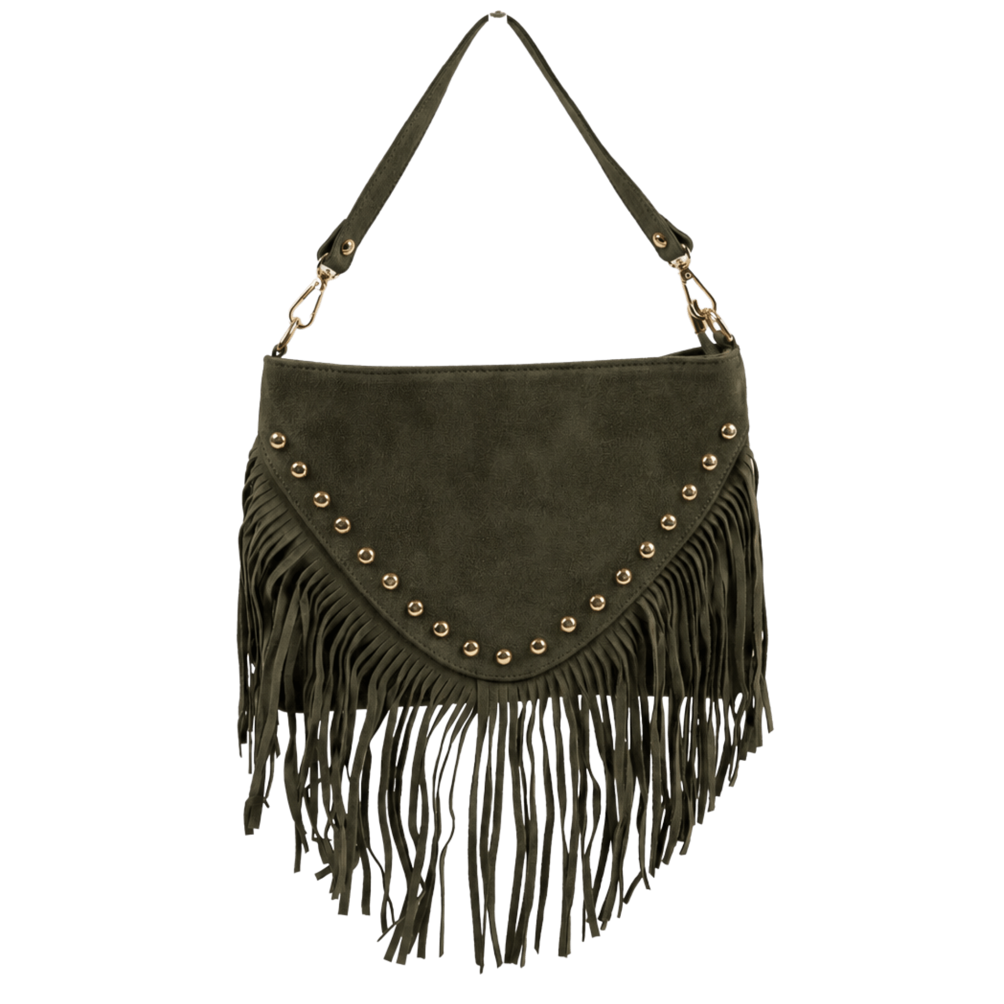 LUZIA Arm Tote Fringe Suede Buttons Forest suede handbag with fringe and leather handle