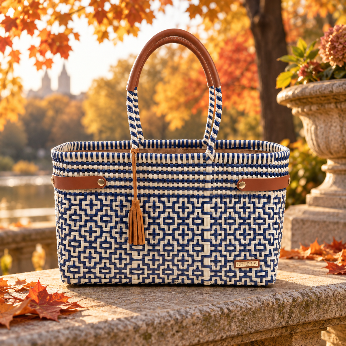 Open Basket Jumbo Cross Diamond Navy Blue Beige