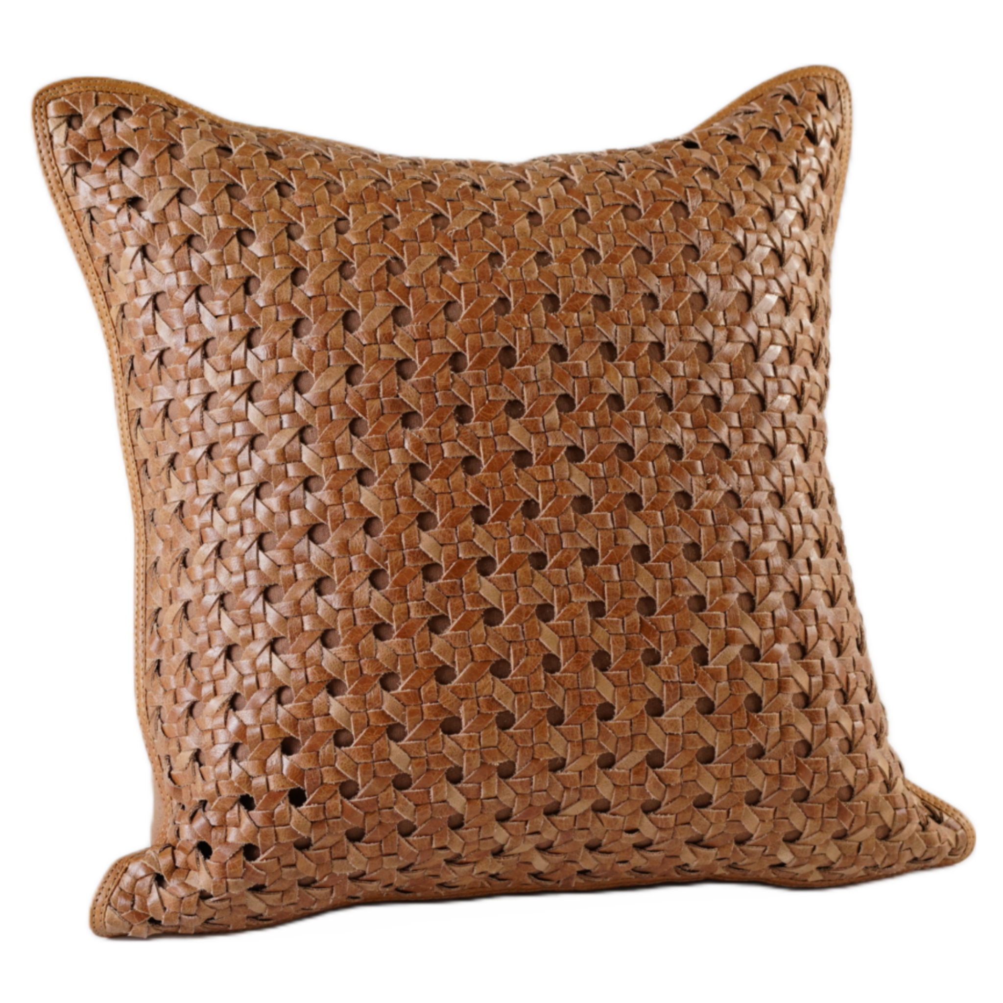 RATTAN WEAVE LEATHER PILLOW COGNAC 20" X 20" *Cover Only*