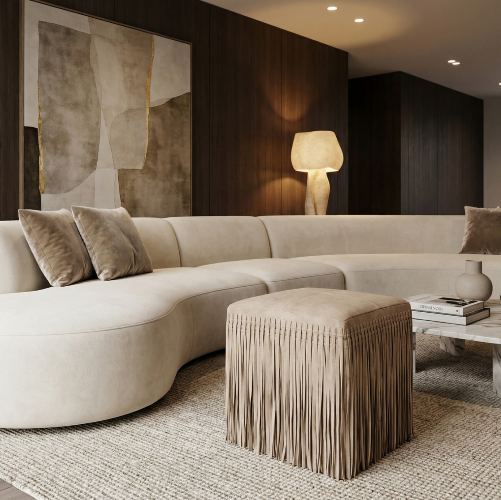 Square Suede Fringe Ottoman – Taupe