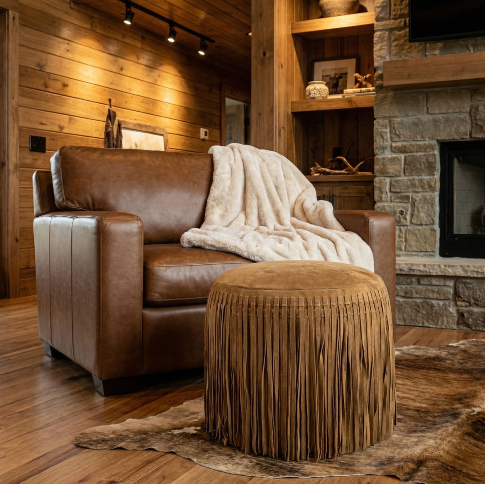 Round Suede Fringe Pouf – Camel