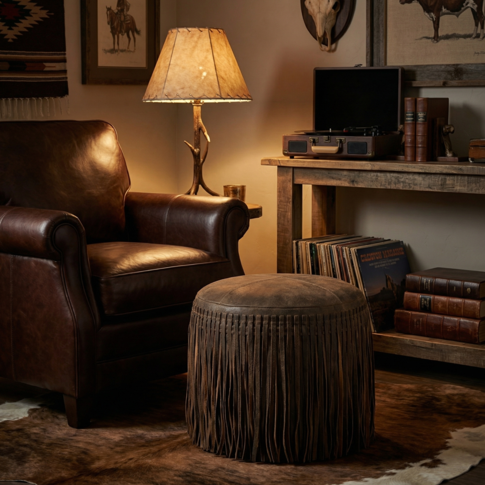 Round Leather Fringe Pouf – Vintage Leather