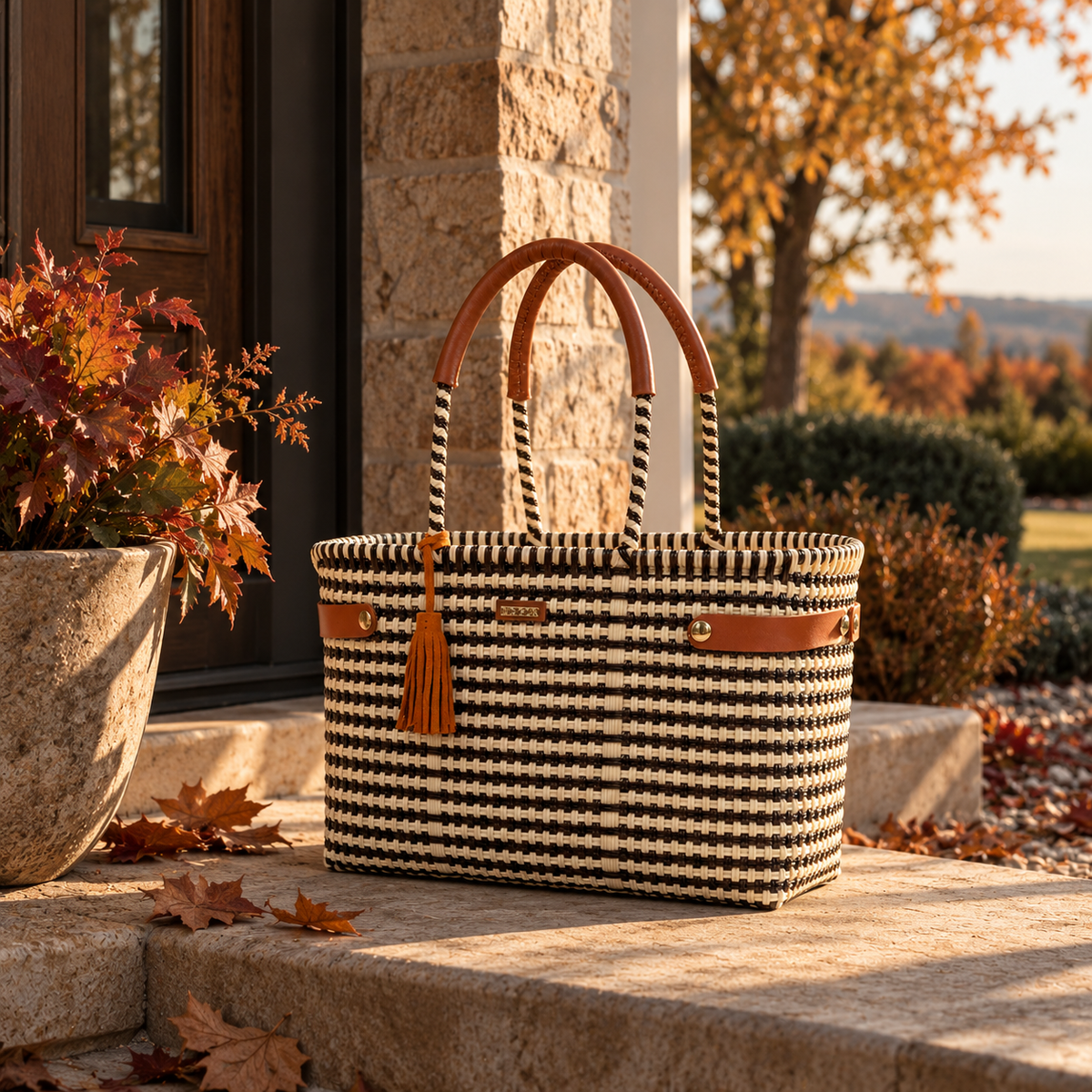 Open Basket Medium Lines Brown Beige
