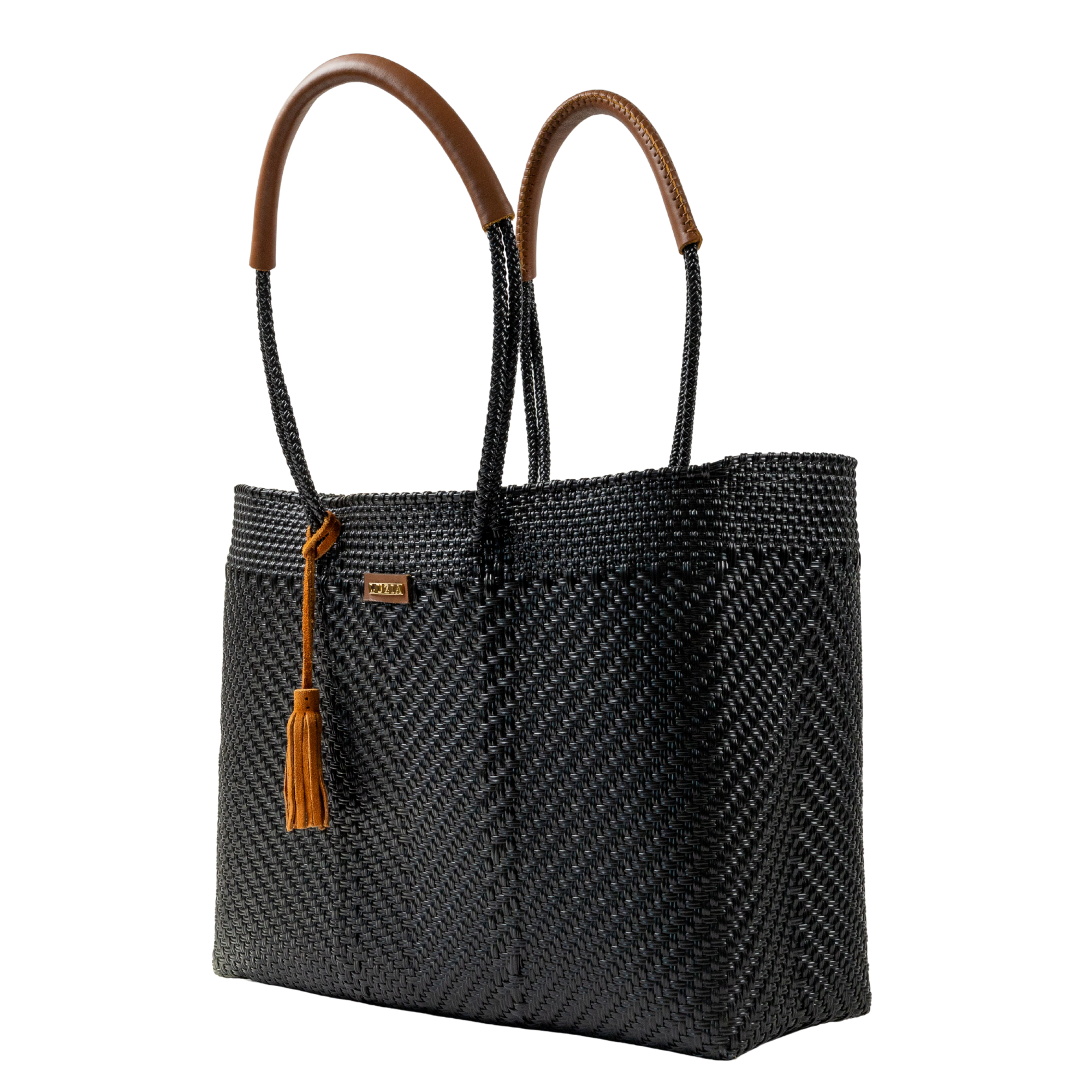 Shoulder Tote Jumbo Solid Multi-Diamond Black (Leather Cognac)