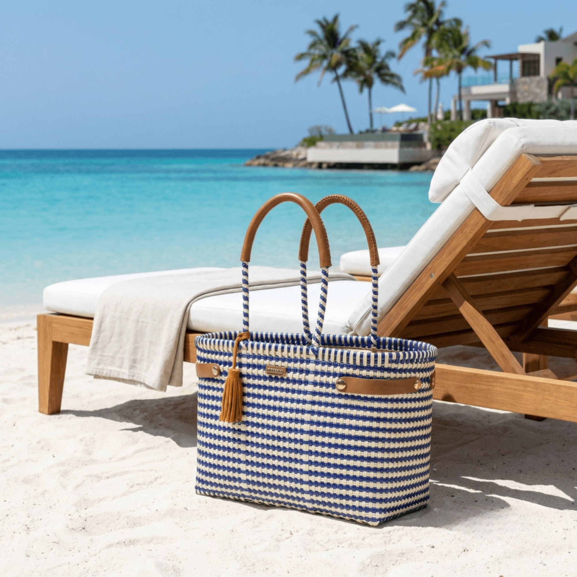 Open Basket Medium Lines Navy Blue Beige