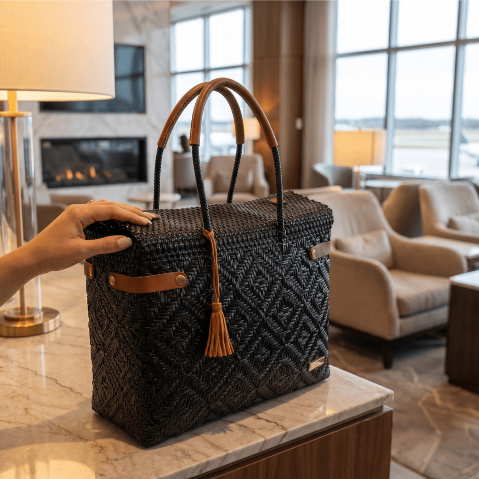 Closed Basket Jumbo Braided Solid Black (Leather Cognac)