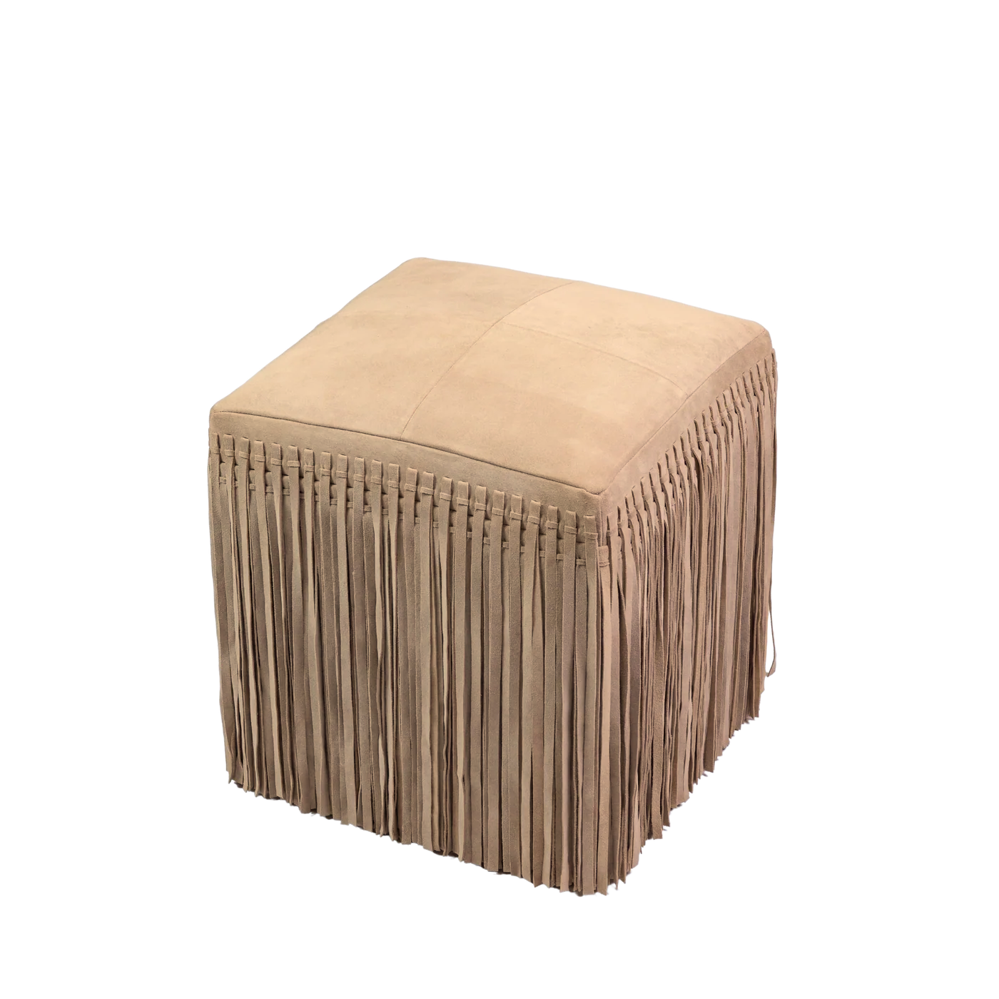 Handcrafted suede leather fringe detail on square ottoman in taupe