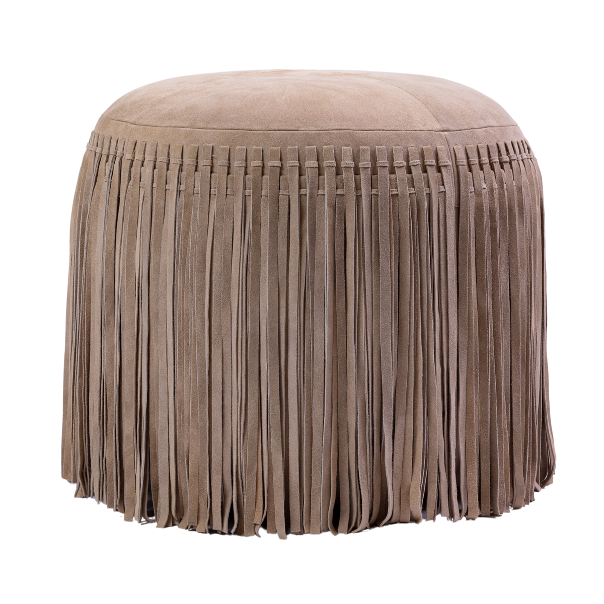 Round Suede Fringe Pouf – Taupe
