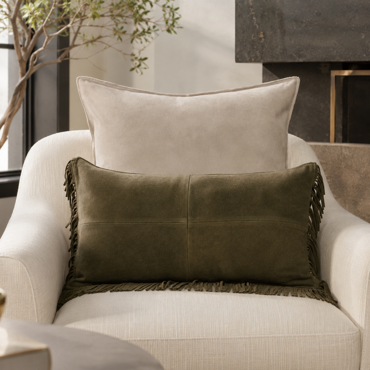 Fringe Suede Lumbar Pillow – Forest