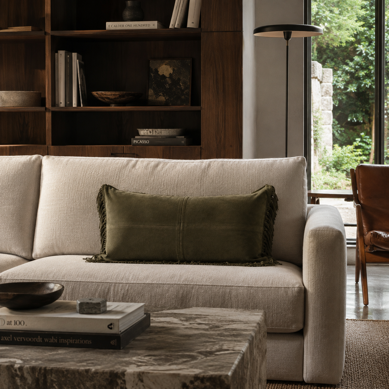 Fringe Suede Lumbar Pillow – Olive