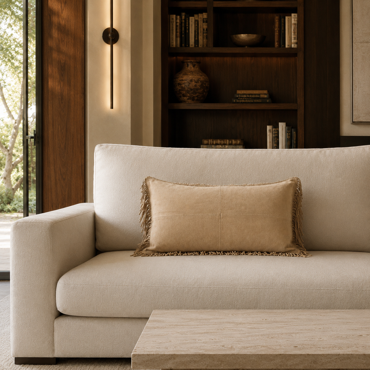 Fringe Suede Lumbar Pillow – Taupe