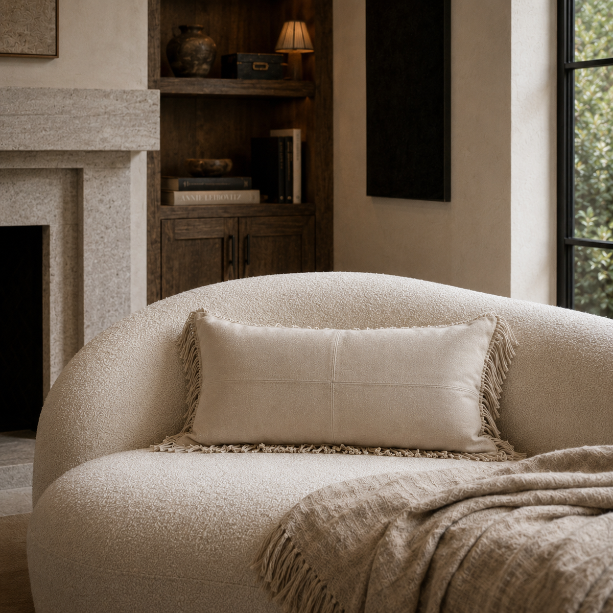 Fringe Suede Lumbar Pillow – Bone