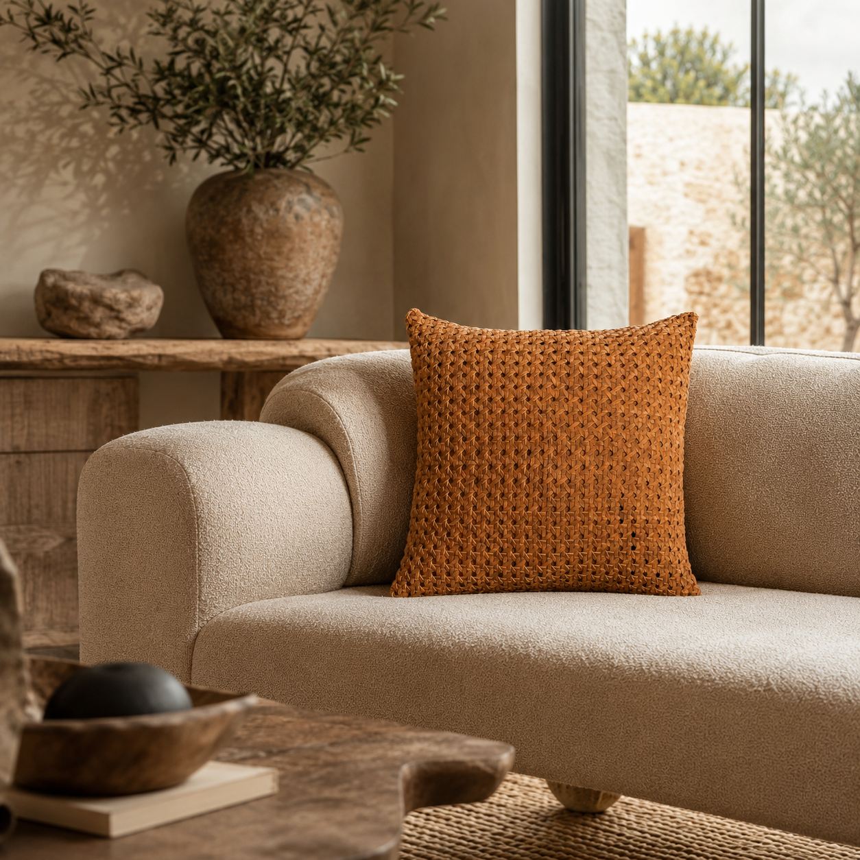 Rattan Suede Pillow –  Cognac
