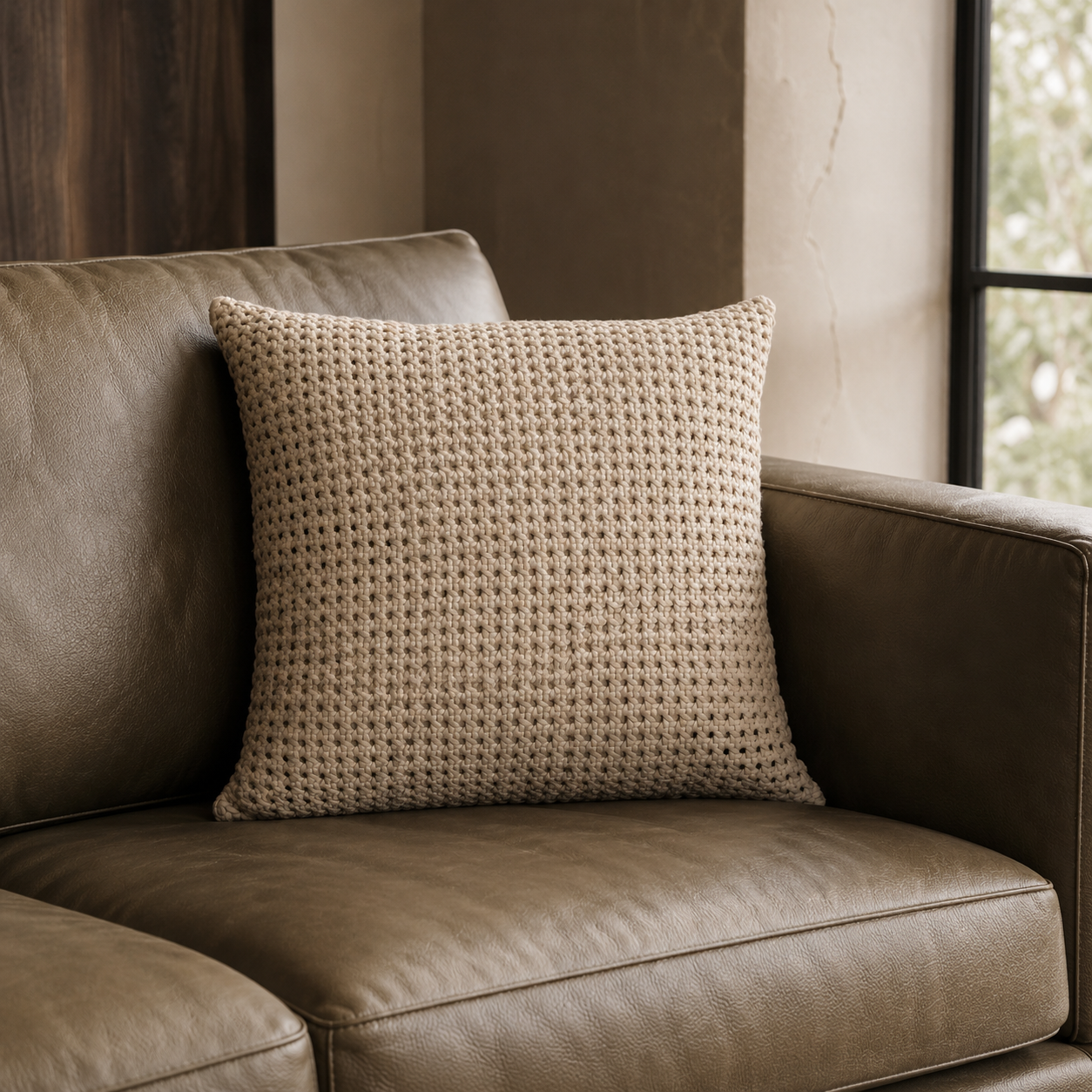 Rattan Leather Pillow 24” – Bone