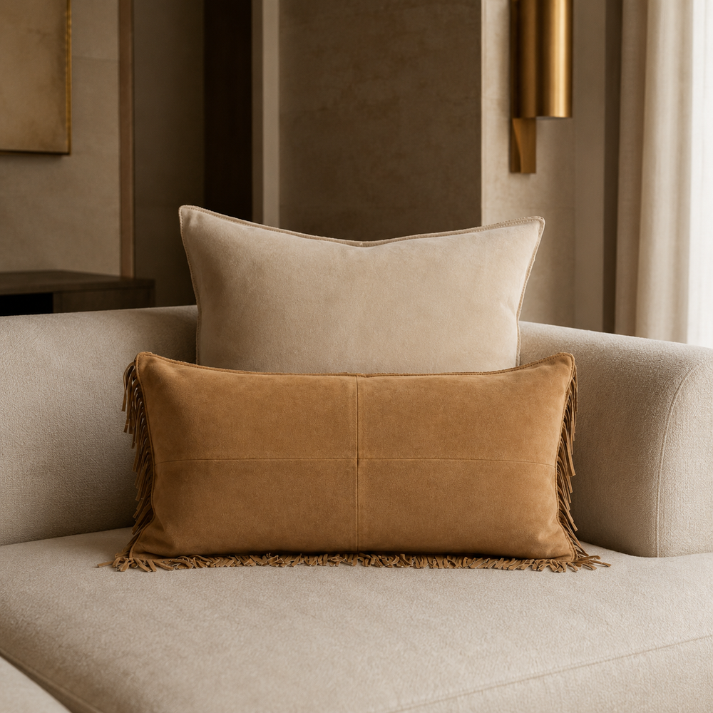 Fringe Suede Lumbar Pillow – Camel