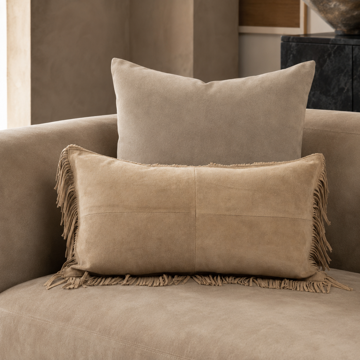 Fringe Suede Lumbar Pillow – Taupe
