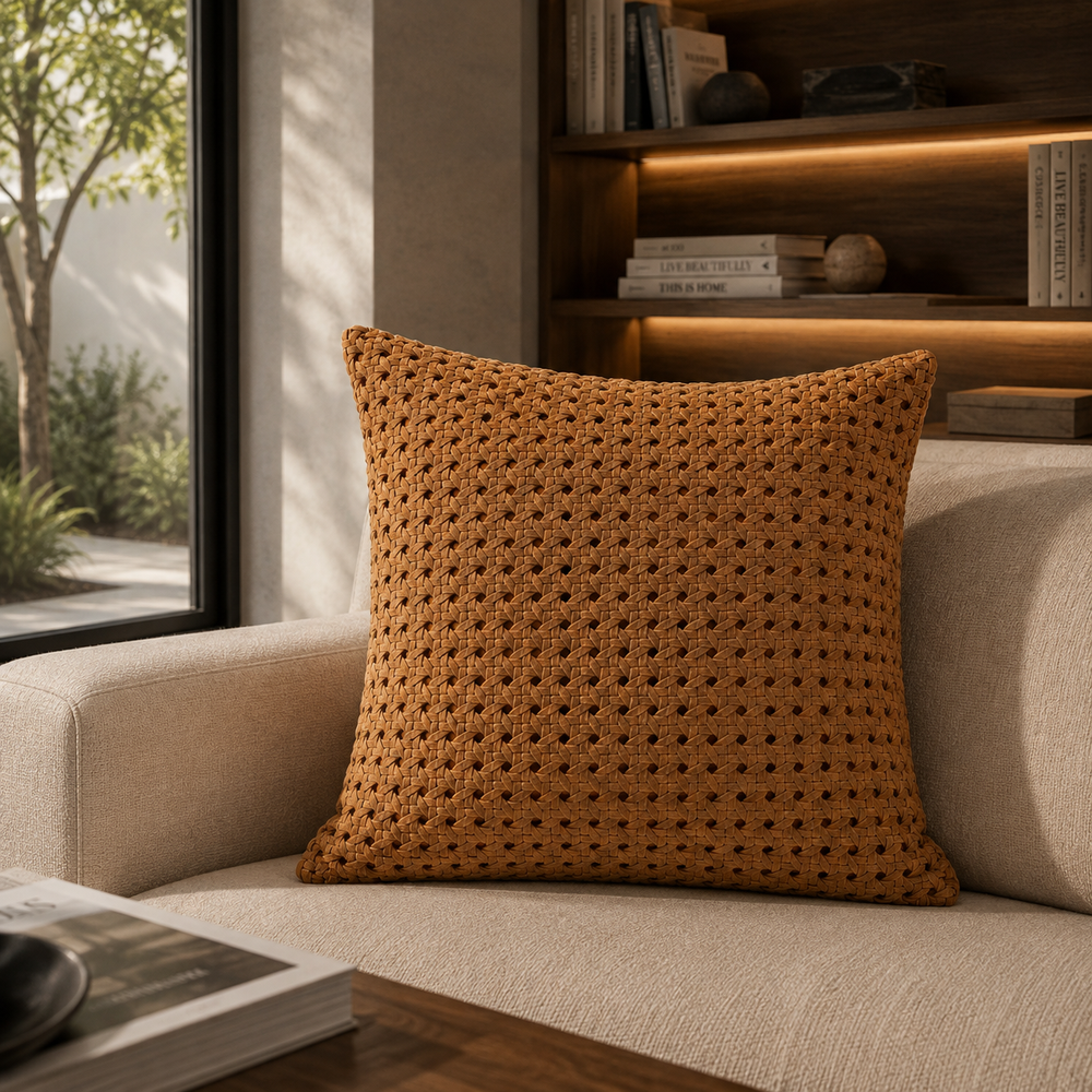 Rattan Suede Pillow –  Camel